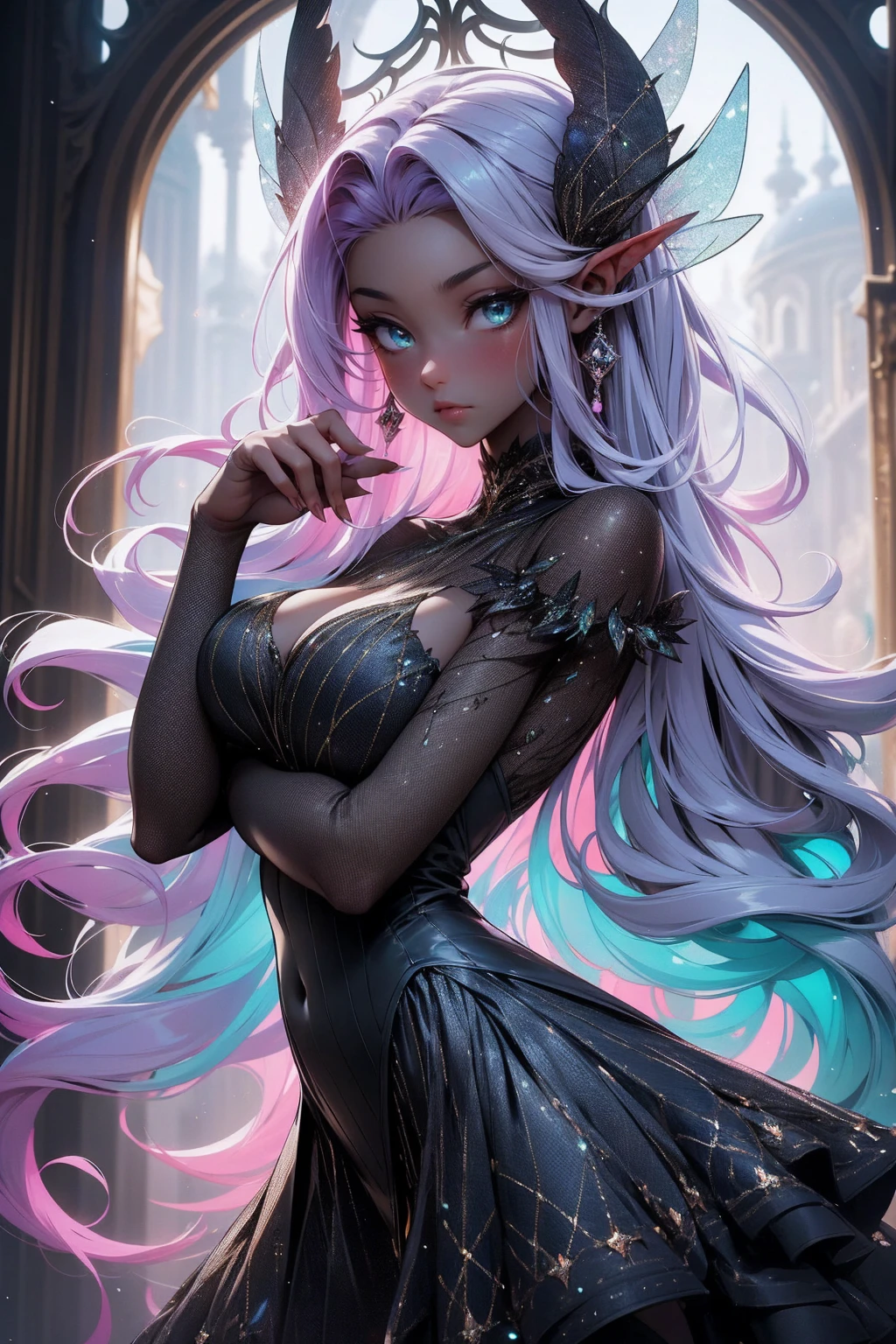 (Absurd, high quality, ultra -compared, careful with the hand) fairy, fairy wings, dreamer body, vivid, romantic and all. Optimistic face, just lies, without entry and intellectual. Green dress. Reckless style, sweet and passion, Gray eyes, cute (eyes of the eyes), enchanted fairy (pixie) . long hair, magenta hair. In the carnival row illustration, flying, dancing lithgly, Whole body, black skin (black skin)