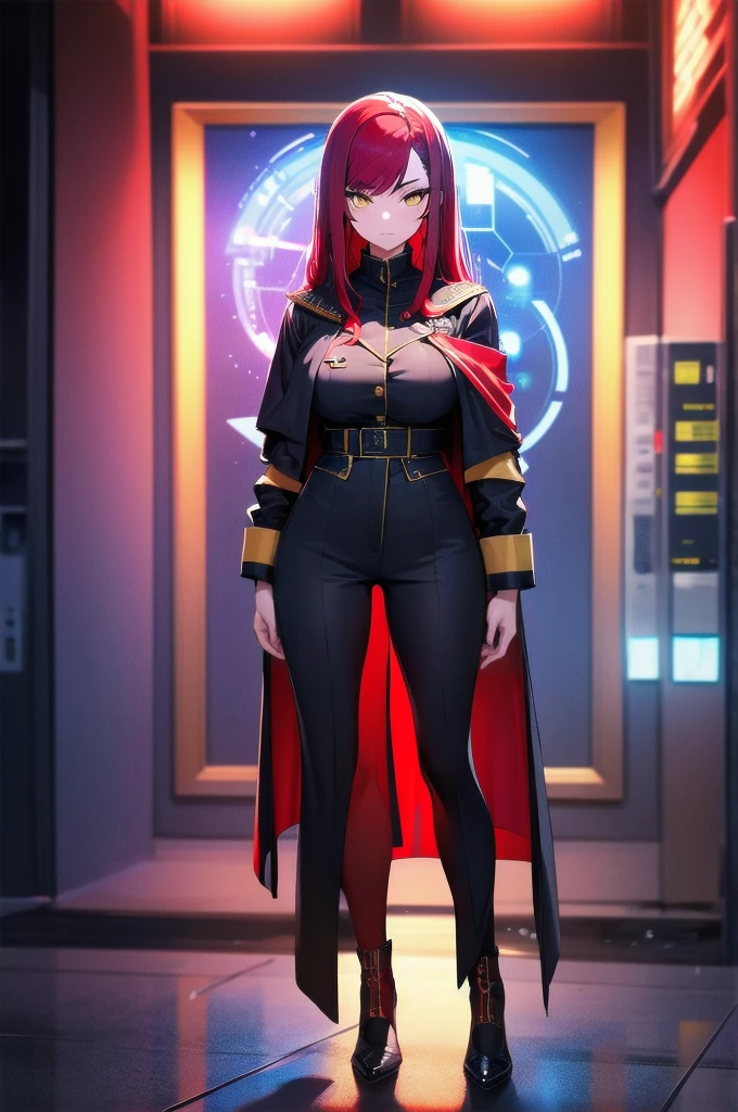 (masterpiece:1.37), woman, mature, extremely detailed eyes and face, long straight hair, (red hair:1.5), yellow eyes, military uniform, cloak, futuristic, science fiction, hologram armband, unicursal hexagram-shaped pupils, standing, large breasts, futuristic, science fiction, hologram armband, best quality, 8k, highres, ultra-detailed, studio lighting, ultra-fine painting, sharp focus, physically-based rendering, extreme detail description, professional, vivid colors, bokeh, extreme attention to detail, tsurime, messy bangs, long bangs, bright red hair highlights, two-tone hair, full body