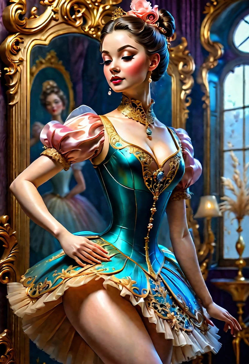 A life size marrionette brought to life. hands, arms,legs, face are polished wood full of grains and knots. beautiful women. hourglass figure big breasts, thin waist, wide hips.. dressed as ballerina. Hand carved masterpiece. Joints visable. i Official Art, Award Winning Digital Painting, Digital Illustration, Extreme Detail, 4k, Ultra Hd, Rococo, Polished, Intricate, Realistic Fantasy Art, Sharp Focus, Concept Art, Art By Wlop, Artgerm, (2d Vector Illustration)
