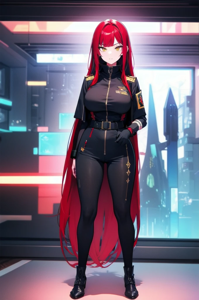 (masterpiece:1.37), woman, mature, extremely detailed eyes and face, long straight hair, (red hair:1.5), yellow eyes, military uniform, cloak, futuristic, science fiction, hologram armband, unicursal hexagram-shaped pupils, standing, large breasts, futuristic, science fiction, hologram armband, best quality, 8k, highres, ultra-detailed, studio lighting, ultra-fine painting, sharp focus, physically-based rendering, extreme detail description, professional, vivid colors, bokeh, extreme attention to detail, tsurime, messy bangs, long bangs, bright red hair highlights, two-tone hair, full body