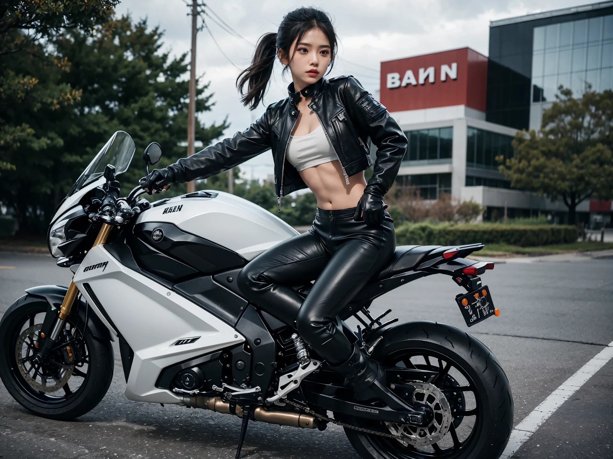 1 girl、motorcycle、Solitary、Gloves、Long sleeve、midriff-baring jacket、The abdomen is completely bare,Large scale belly exposure,boots、outdoor、Black Gloves、Pants、Black footwear、Vague、from the side、Black Pants、leather、motorcycle手的衣服、motorcycle