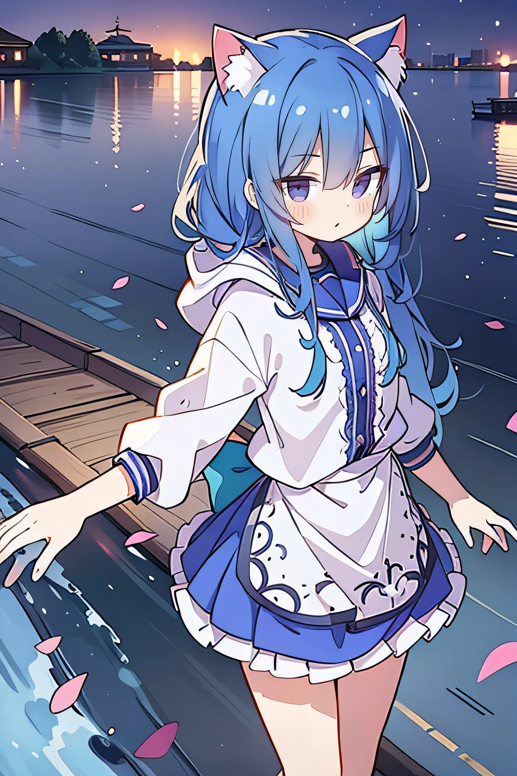 (masterpiece:1.2),Super detailed,lifelike,Expressive eyes,fair skin,perfect face shape,1 girl,
Japanese comics,Gorgeous blue hair,flowing blue hair,flowing clothes,Cat ears,Petals fall,beautiful lola,Baby Angel,
Shaking head with one hand,Cross your legs,Gentle and peaceful background,The pavilion is cool and comfortable,smile, wearing hoodie, background of tokyo,back views,snowing, winter,lie on the water.