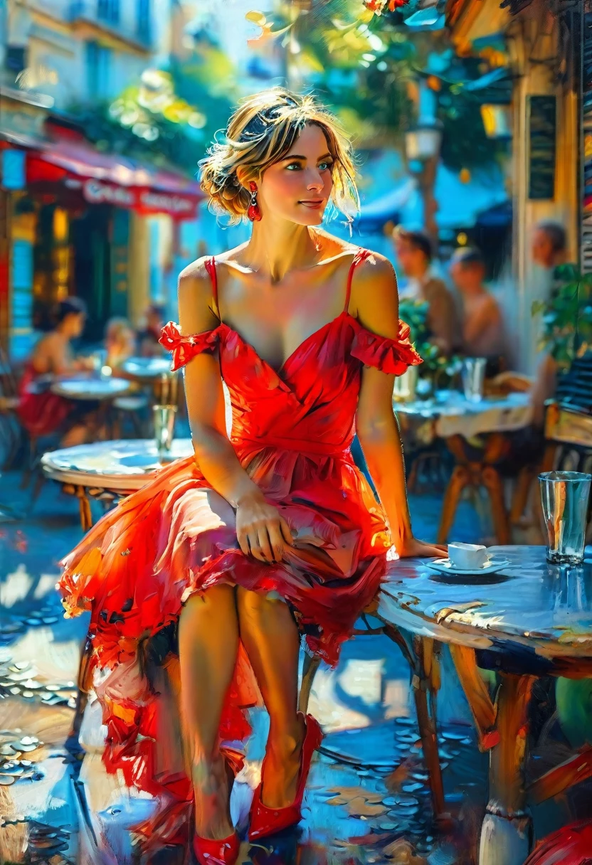 oil painting on canvas of a beautiful woman in a red dress sitting at a table outside a Parisian cafe, legs crossed in an elegant pose, in a full body shot, wearing high heels on a summer day, in the impressionist style of Daniel Gerhartz, expressive brushstrokes, a fine art masterpiece with intricate details