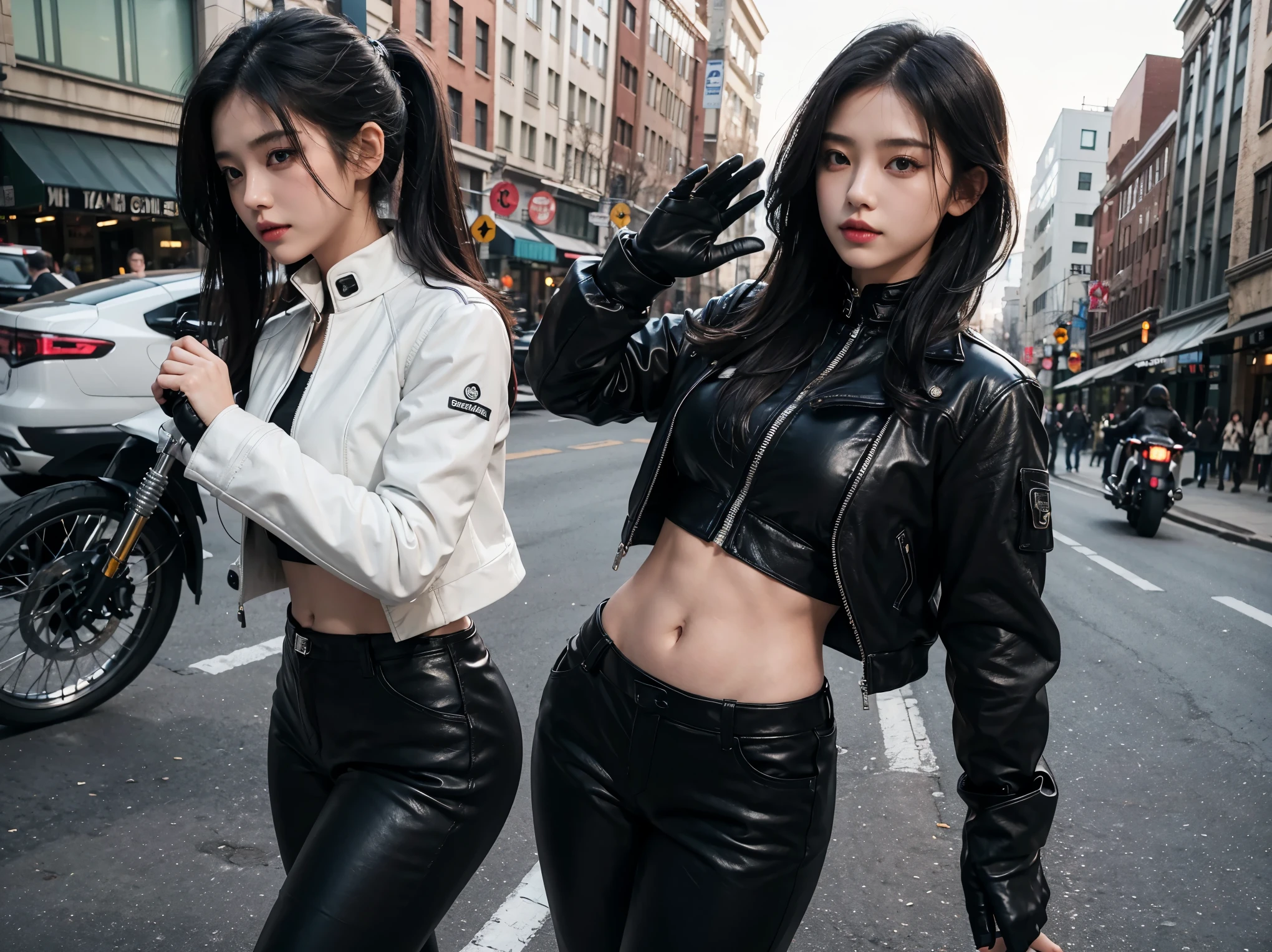 1 girl、motorcycle、Solitary、Gloves、Long sleeve、midriff-baring jacket、The abdomen is completely bare，Large scale belly exposure，boots、outdoor、Black Gloves、Pants、Black footwear、Vague、from the side、Black Pants、leather、motorcycle手的衣服、motorcycle