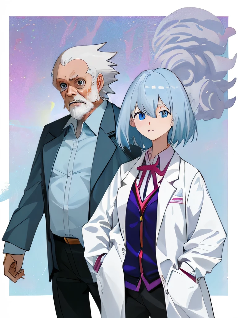 a anime image of a woman with short light blue hair and blue eyes, and a old man in a lab coat an anime drawing inspired by Li Shida, style of ssss.gridman (2018),