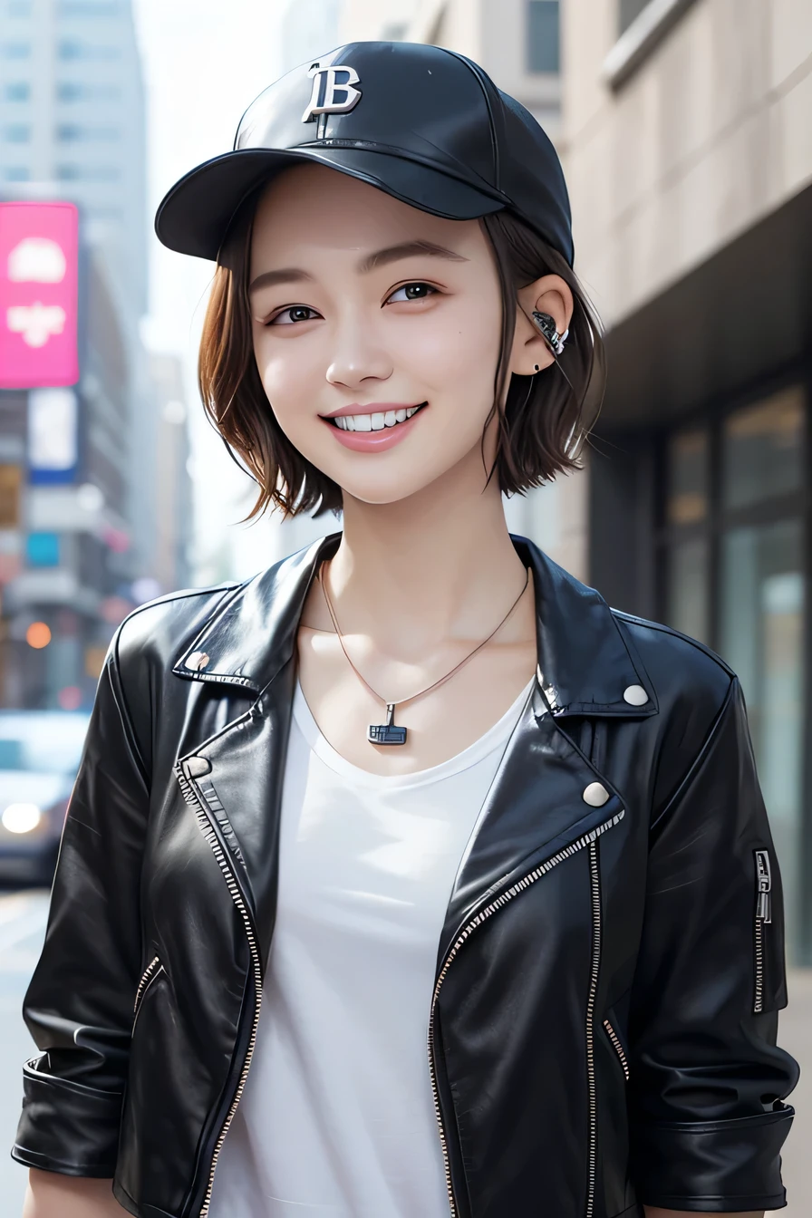 205 ((short hair)), 20-year-old female, In underwear、leather jacket、smile、Beautiful teeth alignment、Baseball cap、Black Hair、ear piercing、Necklace around the neck、Looking into the camera, The background is the city

