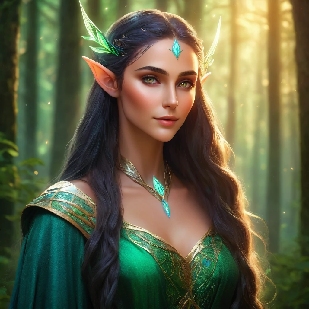 a beautiful elf woman, detailed facial features, long pointy ears, ethereal glowing skin, long flowing hair, elegant posture, detailed clothing, fantasy forest background, magical glowing lights, cinematic lighting, vibrant colors, digital art, intricate details, 8k, photorealistic