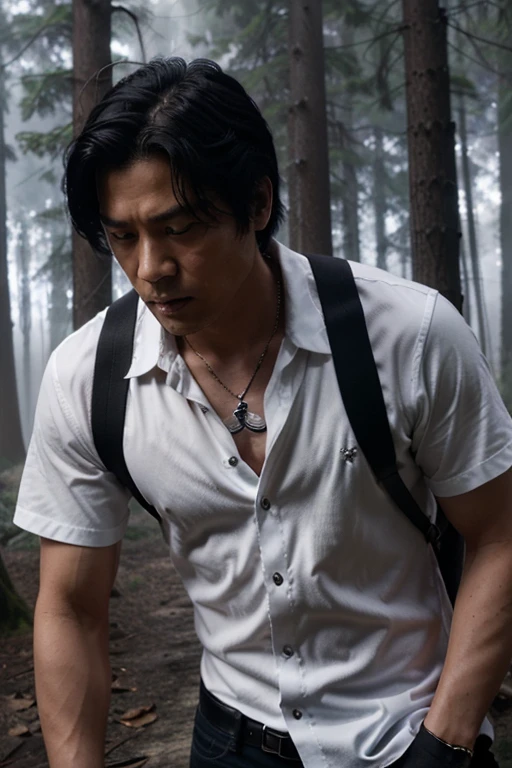 Tom T. Choi, Ken Yukimura, Teen Wolf, 40 years old, short messy black hair, black eyes, white dress shirt, dark black jeans, black dress shoes, silver pendant, white wolf print. Forest background with fog aura around black color.