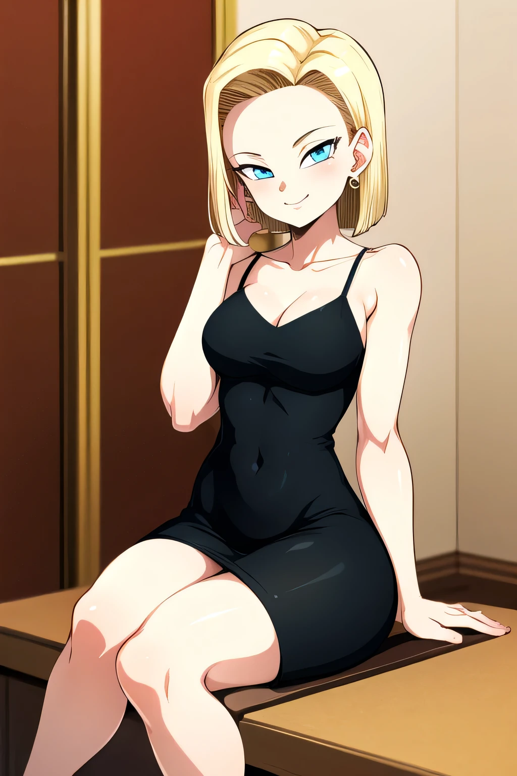 android18, 1girl, solo, breasts, looking at viewer, smile, short hair, closed mouth, blue eyes, blonde hair, medium breasts, dress, bare_shoulders, jewelry, sitting, head rest, arm_support, thighs, earrings, indoors, strap skin tight black dress, sleeveless, collarbone, throne, (perfect eyes),