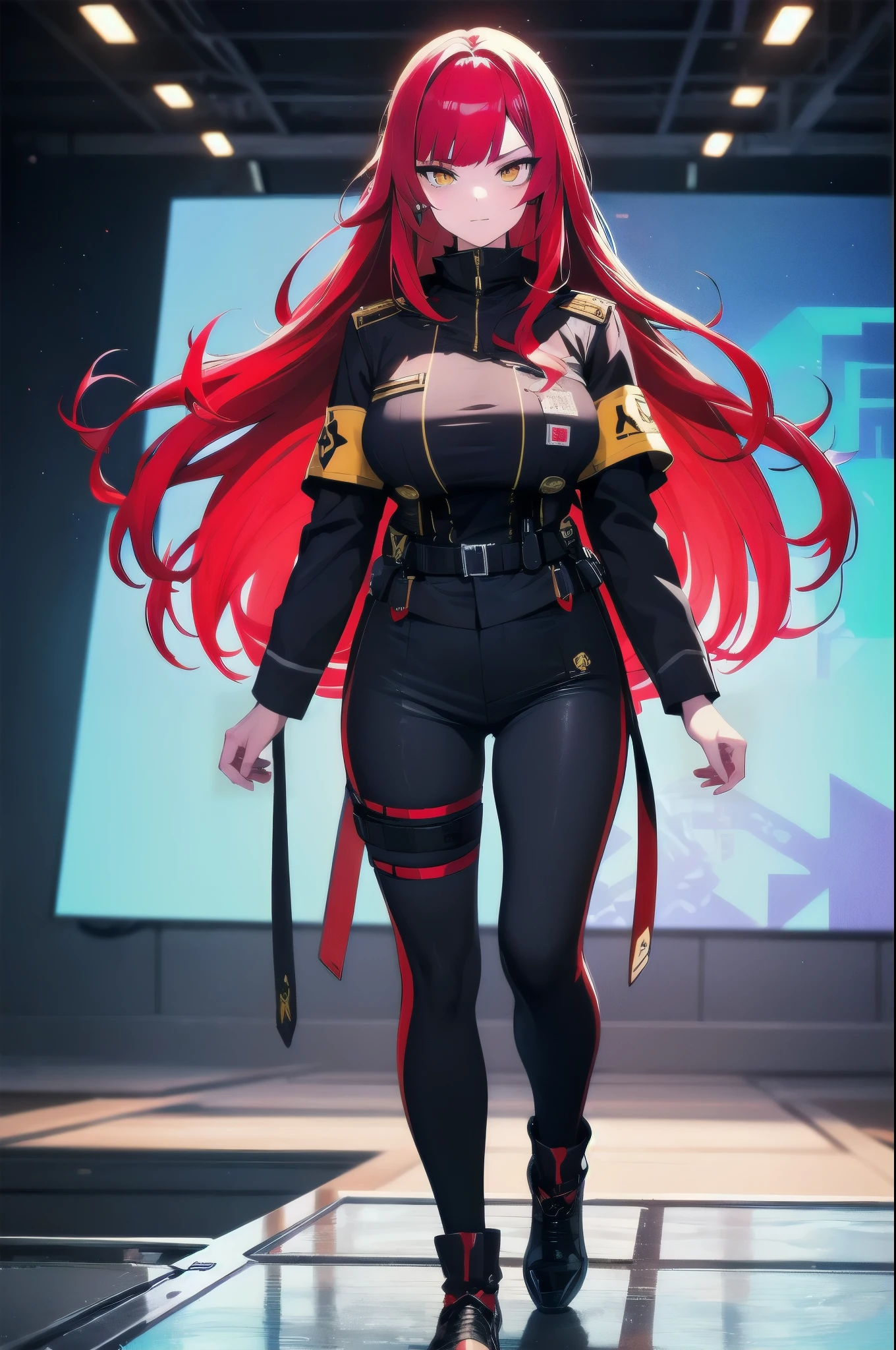 (masterpiece:1.37), woman, mature, extremely detailed eyes and face, long straight hair, (red hair:1.5), yellow eyes, military uniform, cloak, futuristic, science fiction, hologram armband, unicursal hexagram-shaped pupils, standing, large breasts, futuristic, science fiction, hologram armband, best quality, 8k, highres, ultra-detailed, studio lighting, ultra-fine painting, sharp focus, physically-based rendering, extreme detail description, professional, vivid colors, bokeh, extreme attention to detail, tsurime, messy bangs, long bangs, bright red hair highlights, two-tone hair, full body