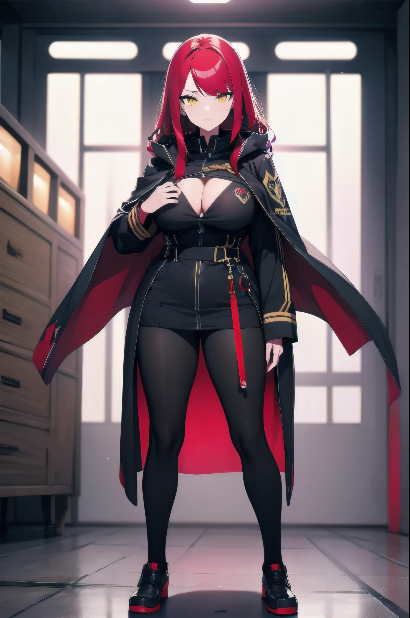 (masterpiece:1.37), woman, mature, extremely detailed eyes and face, long straight hair, (red hair:1.5), yellow eyes, military uniform, cloak, futuristic, science fiction, hologram armband, unicursal hexagram-shaped pupils, standing, large breasts, futuristic, science fiction, hologram armband, best quality, 8k, highres, ultra-detailed, studio lighting, ultra-fine painting, sharp focus, physically-based rendering, extreme detail description, professional, vivid colors, bokeh, extreme attention to detail, tsurime, messy bangs, long bangs, bright red hair highlights, two-tone hair, full body