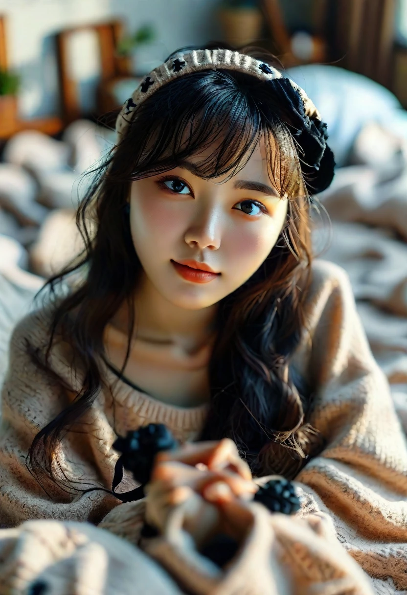 Cute, pretty Korean girl with long hair wearing a beige sweater and black headband lying on the bed smiling at the camera, photo-realistic photography, shot on a Canon EOS