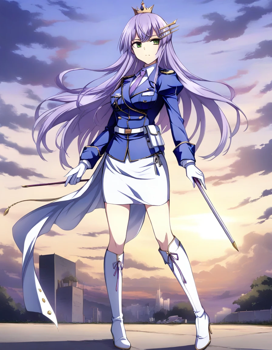 One girl,
Outdoor,
Full Body Shot,
Twilight,
Break Yoakena, Finafam Earth Light, Green Eyes, Long Hair, Purple Hair,
Navy blue military uniform, gloves,Crown, jewelry, tie, Princess, tiara, white gloves, Long pencil skirt with slit, Thigh High Stiletto Boots Breakout Masterpiece, highest quality,