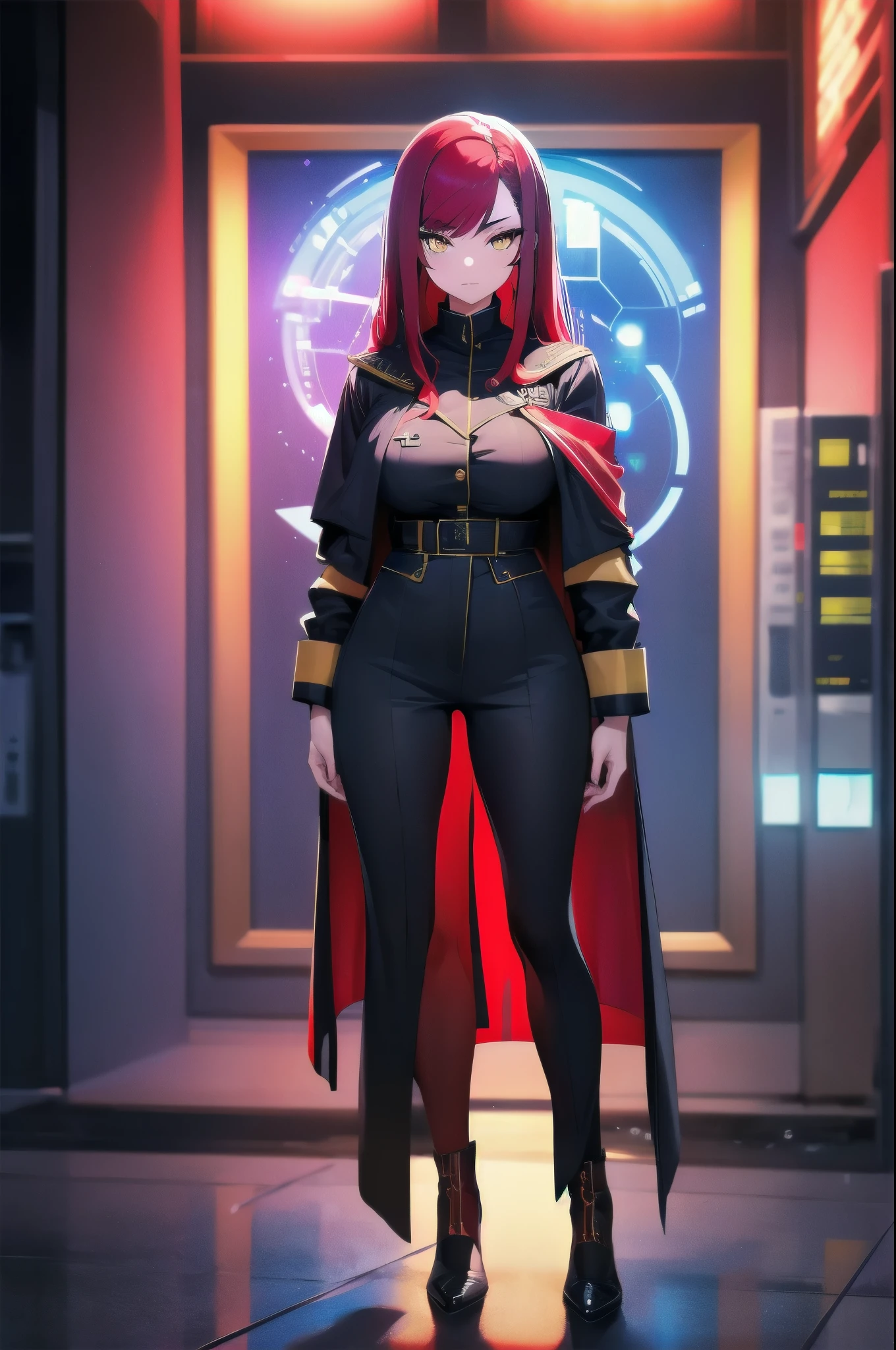 (masterpiece:1.37), woman, mature, extremely detailed eyes and face, long straight hair, (red hair:1.5), yellow eyes, military uniform, cloak, futuristic, science fiction, hologram armband, unicursal hexagram-shaped pupils, standing, large breasts, futuristic, science fiction, hologram armband, best quality, 8k, highres, ultra-detailed, studio lighting, ultra-fine painting, sharp focus, physically-based rendering, extreme detail description, professional, vivid colors, bokeh, extreme attention to detail, tsurime, messy bangs, long bangs, bright red hair highlights, two-tone hair, full body