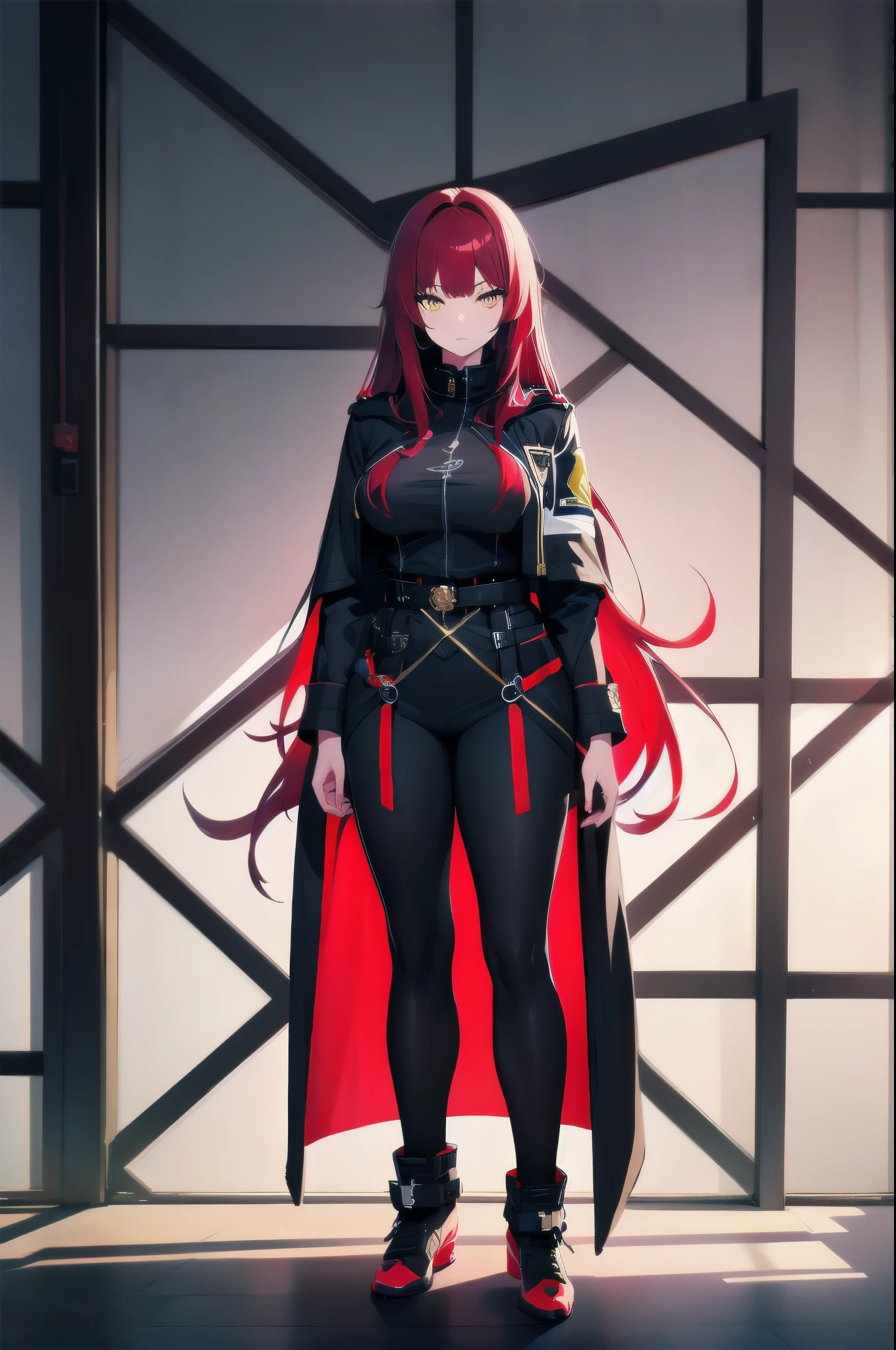 (masterpiece:1.37), woman, mature, extremely detailed eyes and face, long straight hair, (red hair:1.5), yellow eyes, military uniform, cloak, futuristic, science fiction, hologram armband, unicursal hexagram-shaped pupils, standing, large breasts, futuristic, science fiction, hologram armband, best quality, 8k, highres, ultra-detailed, studio lighting, ultra-fine painting, sharp focus, physically-based rendering, extreme detail description, professional, vivid colors, bokeh, extreme attention to detail, tsurime, messy bangs, long bangs, bright red hair highlights, two-tone hair, full body