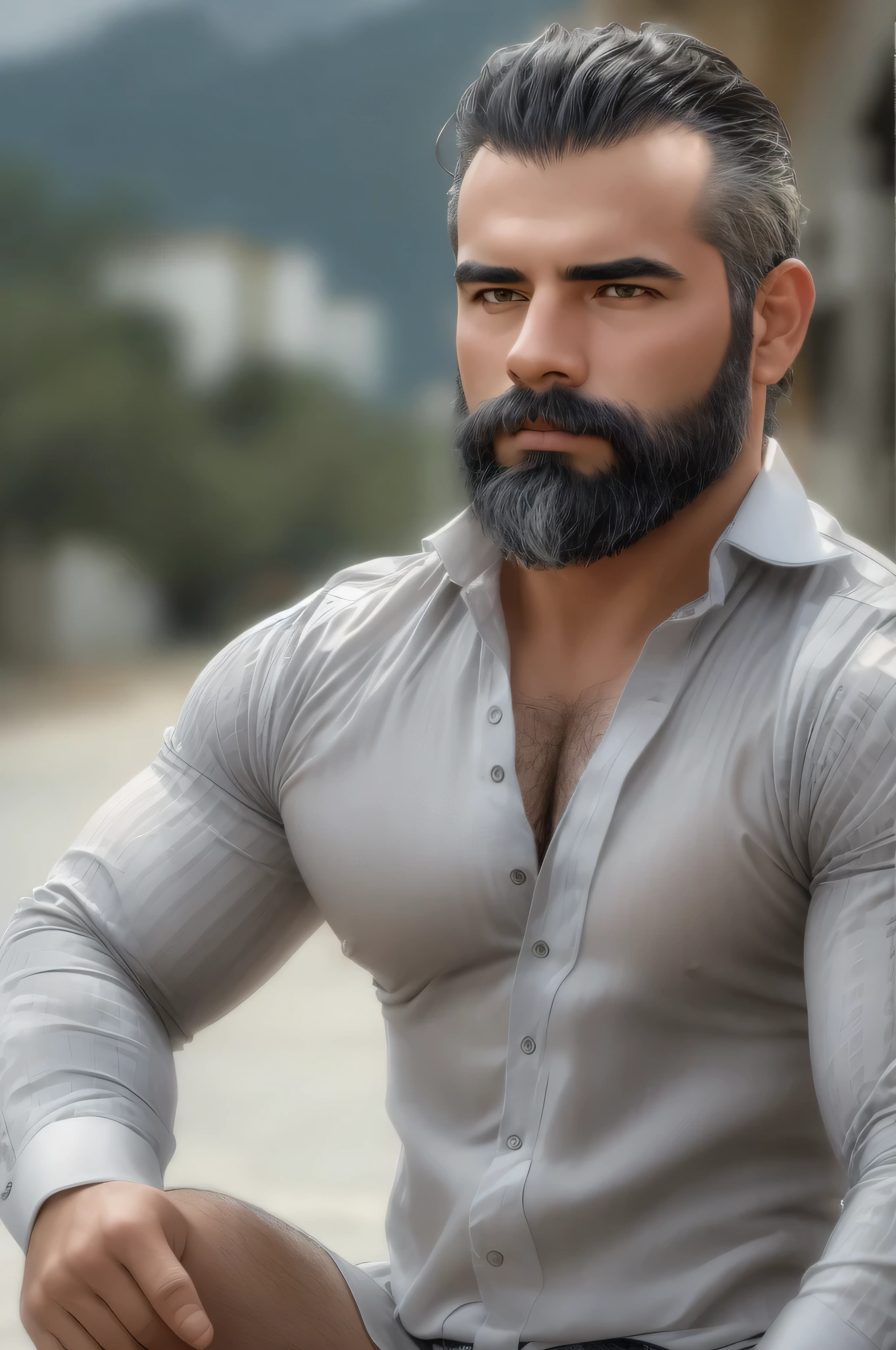 Photo of a beautiful mûre man, papi genial, cara muy hermosa, cabello gris, barba blanca corta, colores neutros de cuerpo completo, musculoso, sin camisa