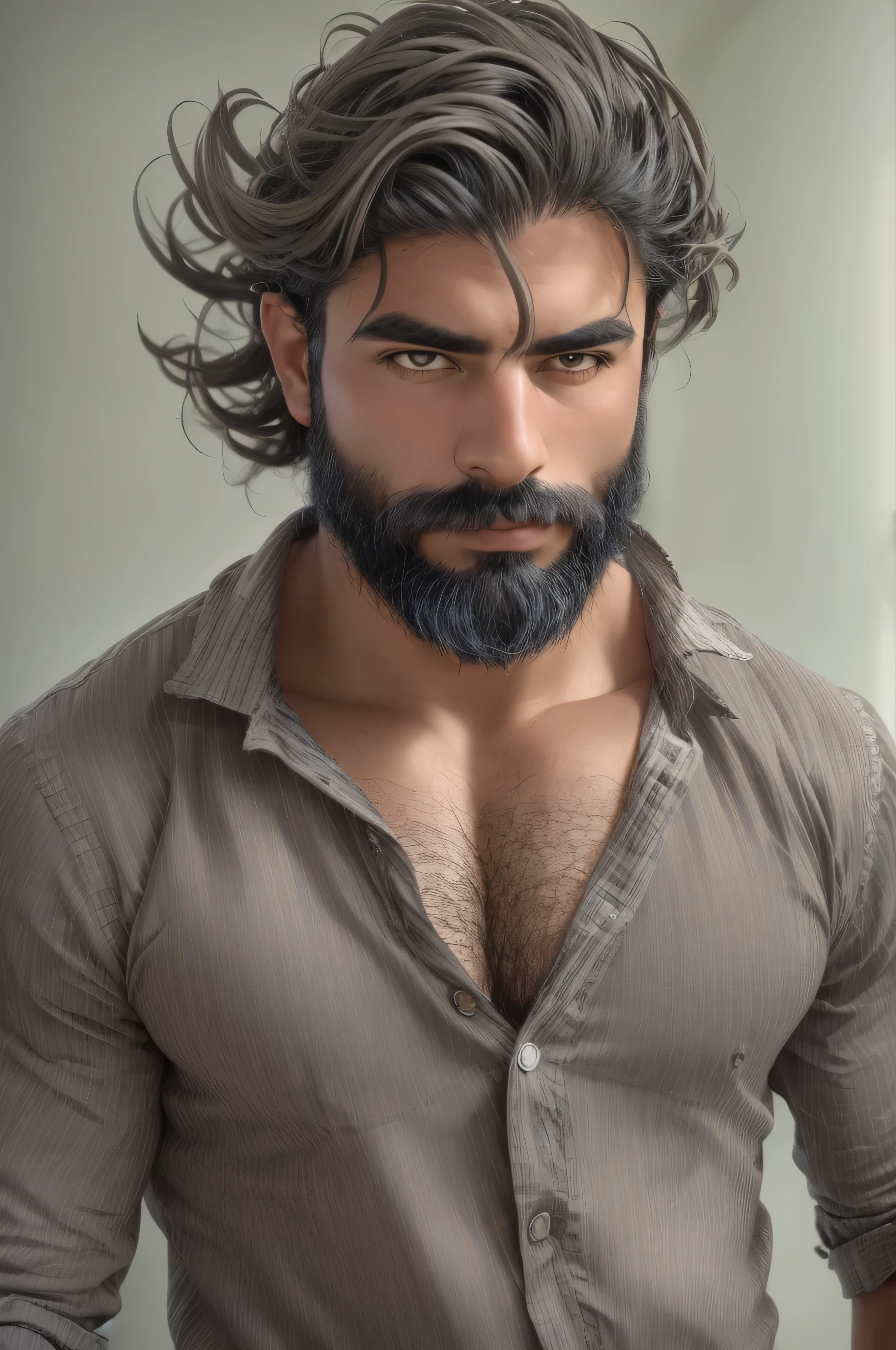 Photo of a beautiful mûre man, papi genial, cara muy hermosa, cabello gris, barba blanca corta, colores neutros de cuerpo completo, musculoso, sin camisa