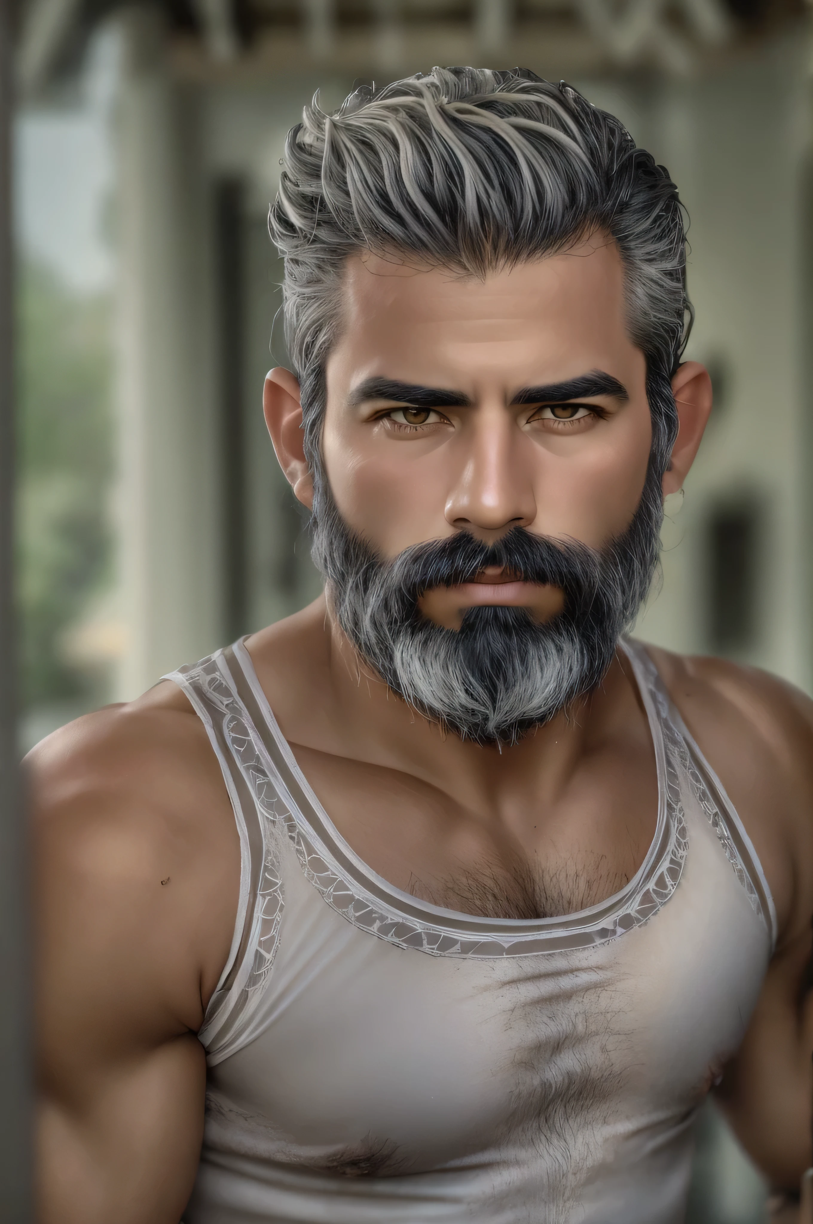 Photo of a beautiful mûre man, papi genial, cara muy hermosa, cabello gris, barba blanca corta, colores neutros de cuerpo completo, musculoso, sin camisa