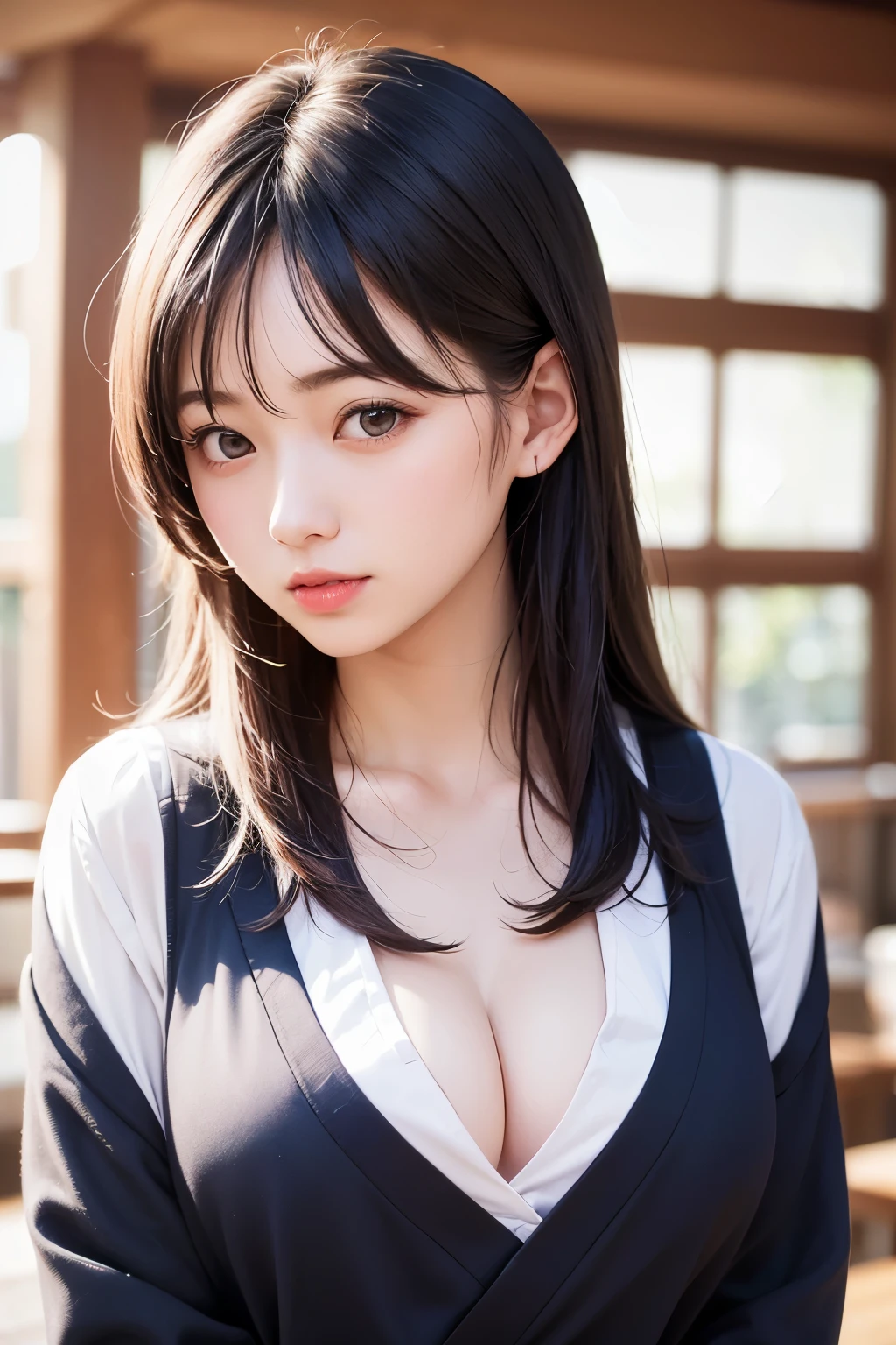 (1 nogizaka girl,raw photo,photo realistic:1.5),(best quality, high quality,HDR, highest quality,ultra high resolution,high resolution,high res,ultra high difinition,huge file size,8K,2K wallpaper,8K wallpaper,high quality texture,amazing,an extremely delicate:1.4),one girl, Japanese famous idol,beautiful face,small face,absurd,ridiculous,incredibly ridiculous,portrait,breasts close up,blurry background,(school uniform,cleavage,no makeup:1.2),(six_heads tall),medium skin,beautiful skin,detailed skin,six heads tall,black hair,silky hair,(Japanese eyes:1.3),detailed eyes,black eyes,Japanese idol eyes,triangle eyes,Japanese nose,5-fingers,(Light Particles, Lens Flare, Luminous Particles: 0.7),looking at viewer,bright lighting,professional lighting,girl