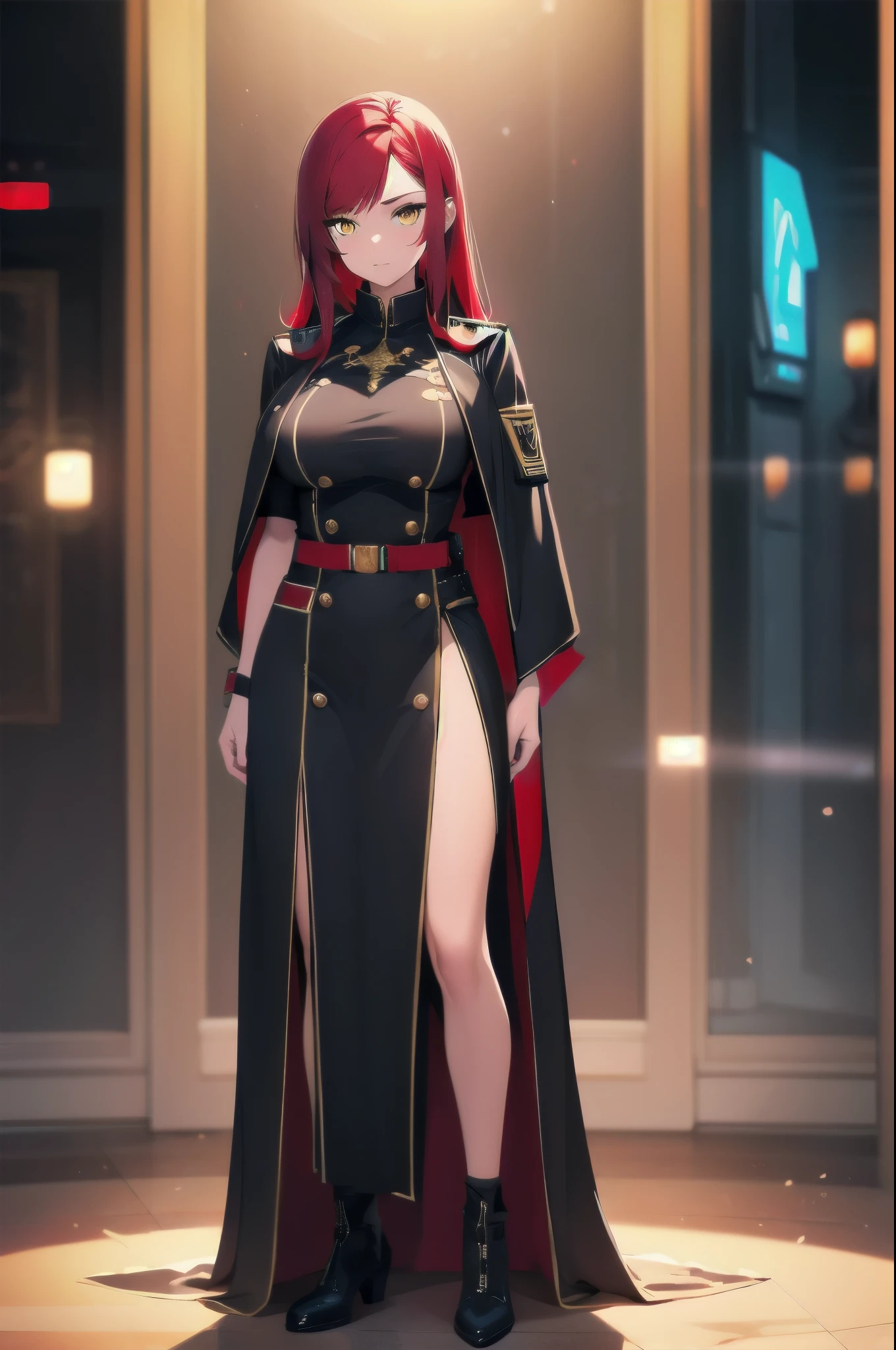 (masterpiece:1.37), woman, mature, extremely detailed eyes and face, long straight hair, (red hair:1.5), yellow eyes, military uniform, cloak, futuristic, science fiction, hologram armband, unicursal hexagram-shaped pupils, standing, large breasts, futuristic, science fiction, hologram armband, best quality, 8k, highres, ultra-detailed, studio lighting, ultra-fine painting, sharp focus, physically-based rendering, extreme detail description, professional, vivid colors, bokeh, extreme attention to detail, tsurime, messy bangs, long bangs, bright red hair highlights, two-tone hair, full body