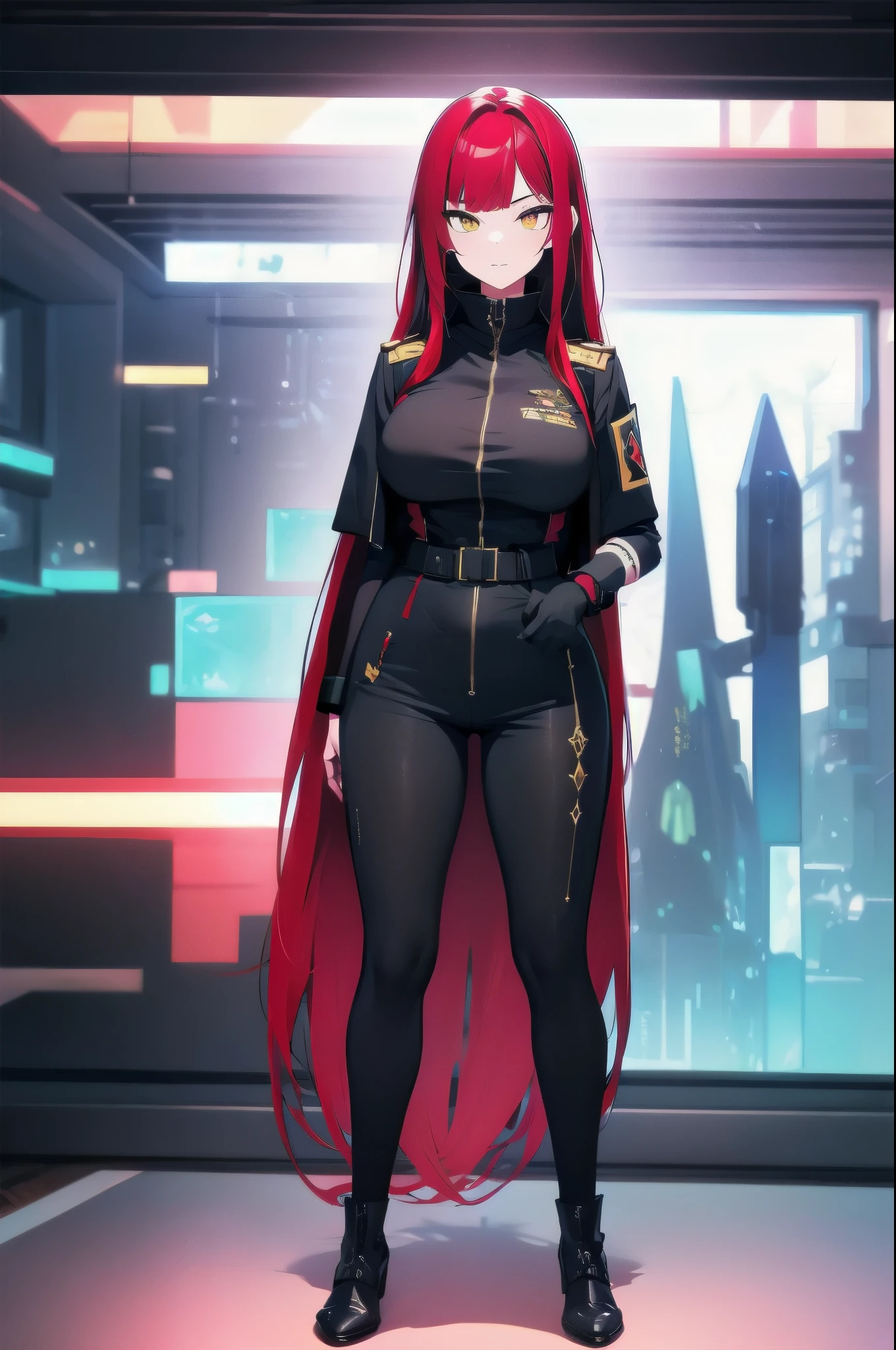 (masterpiece:1.37), woman, mature, extremely detailed eyes and face, long straight hair, (red hair:1.5), yellow eyes, military uniform, cloak, futuristic, science fiction, hologram armband, unicursal hexagram-shaped pupils, standing, large breasts, futuristic, science fiction, hologram armband, best quality, 8k, highres, ultra-detailed, studio lighting, ultra-fine painting, sharp focus, physically-based rendering, extreme detail description, professional, vivid colors, bokeh, extreme attention to detail, tsurime, messy bangs, long bangs, bright red hair highlights, two-tone hair, full body