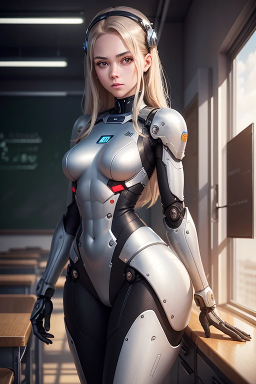 A high school girl who became a robot A human male teacher stands behind me. mechanical body The background is a classroom, UHD, retina, masterpiece, ccurate, anatomically correct, textured skin, super detail, high details, high quality, award winning, best quality, highres