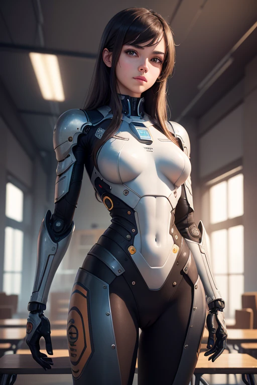 A high school girl who became a robot　A human male teacher stands behind me.　mechanical body　The background is a classroom, UHD, retina, masterpiece, ccurate, anatomically correct, textured skin, super detail, high details, high quality, award winning, best quality, highres