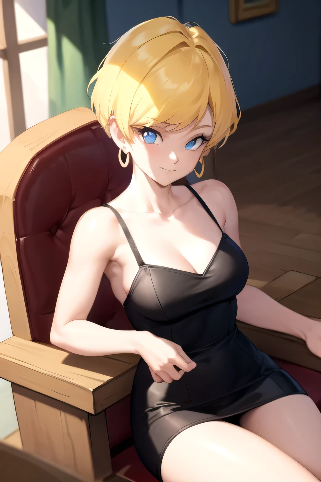 masterpiece, best quality, erasa, 1girl, solo, breasts, looking at viewer, smile, short hair, closed mouth, blue eyes, blonde hair, medium breasts, dress, bare_shoulders, jewelry, sitting, head rest, arm_support, thighs, earrings, indoors, strap skin tight black dress, sleeveless, collarbone, throne, (perfect eyes),