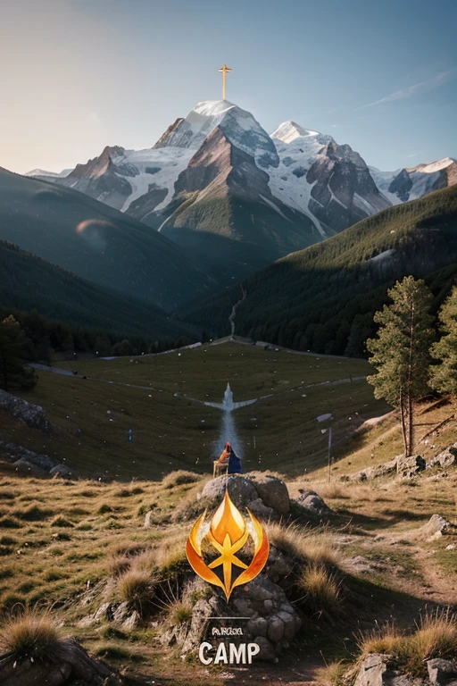 Create a logo that looks creative with elements that represent mountains and some other elements, either sunlight or something that represents the holy spirit, and that this logo puts the following that is in quotes "Youth Camp - An encounter with the Holy Spirit"