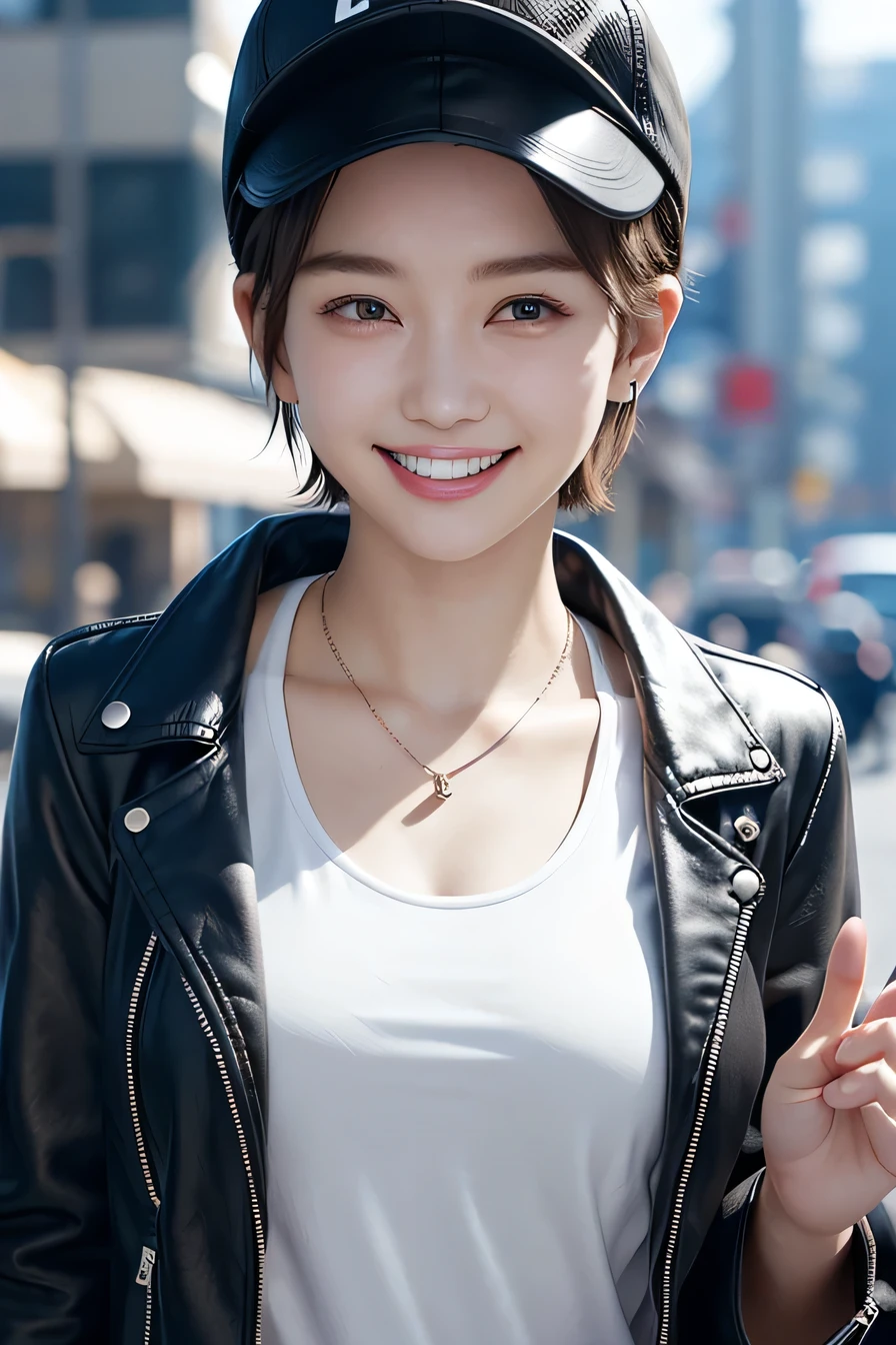 205 ((short hair)), 20-year-old female, In underwear、leather jacket、Shoulder Fashion、smile、Beautiful teeth alignment、Baseball cap、Black Hair、ear piercing、Necklace around the neck、Looking into the camera, The background is the city