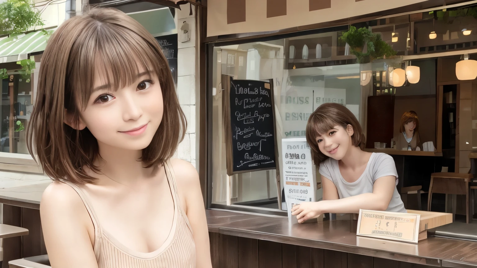 super high quality, Short Hair, Slender, Gravure photoshoot, The staff is working at the counter in the back., (8k、RAW Photos、highest quality、masterpiece:1.2), Japanese Idol, Stylish café, The cafe is crowded with people enjoying themselves., (Realistic、Photorealistic:1.37), Bob Hair, Mesh Hair, Urban Cafe, Golden Ratio, Raw photo, Cute face , Light Brown Hair, Small breasts, Bright cafe interior, Spring Clothes, Cafe Terrace, Open Cafe, A kind smile, Hair blowing in the wind, Neat clothes, boyish, T-Shirts, 18-year-old, younger sister, Stylish clothes, 
