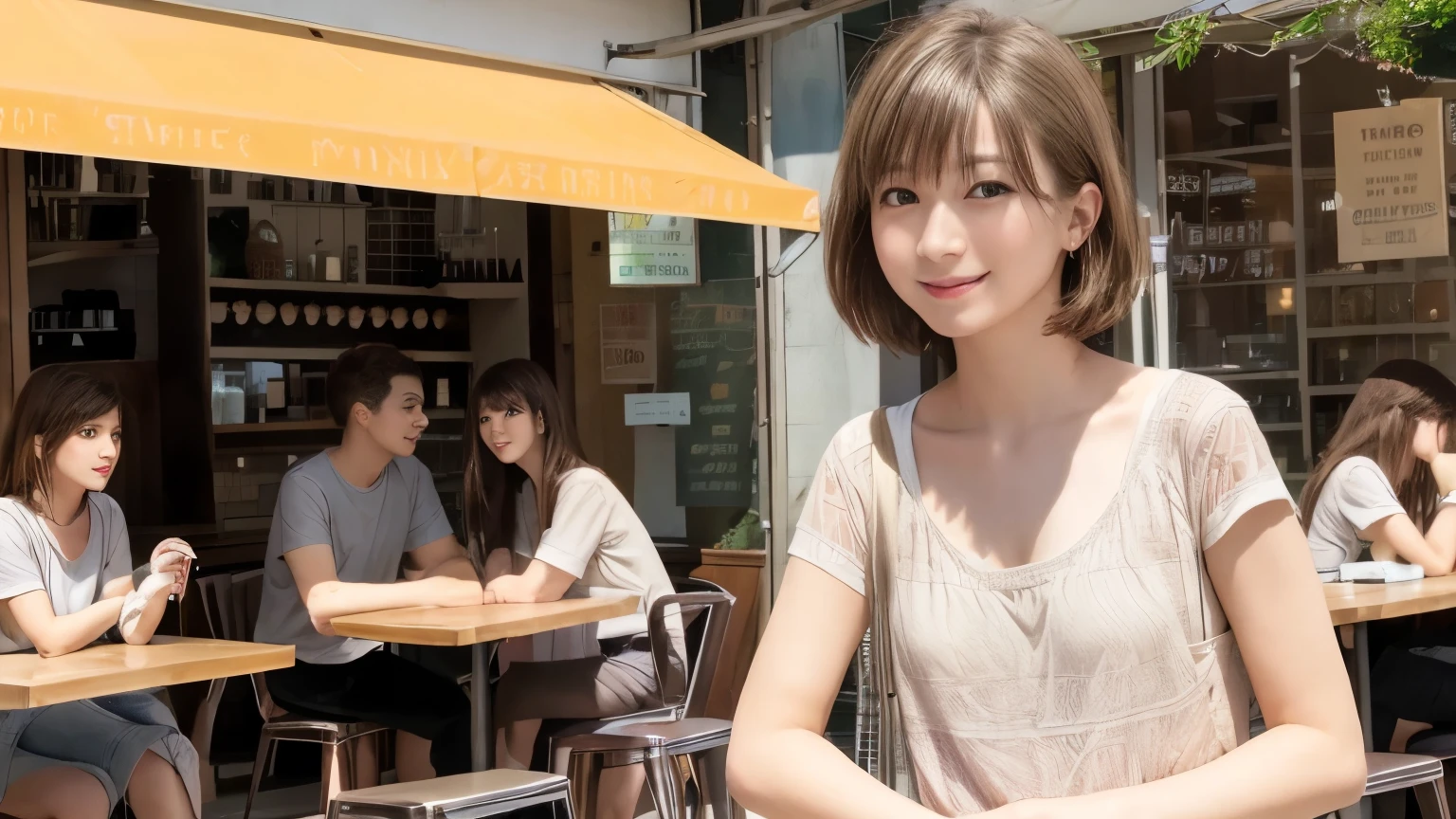 super high quality, Short Hair, Slender, Gravure photoshoot, The staff is working at the counter in the back., (8k、RAW Photos、highest quality、masterpiece:1.2), Japanese Idol, Stylish café, The cafe is crowded with people enjoying themselves., (Realistic、Photorealistic:1.37), Bob Hair, Mesh Hair, Urban Cafe, Golden Ratio, Raw photo, Cute face , Light Brown Hair, Small breasts, Bright cafe interior, Spring Clothes, Cafe Terrace, Open Cafe, A kind smile, Hair blowing in the wind, Neat clothes, boyish, T-Shirts, 18-year-old, younger sister, Stylish clothes, 
