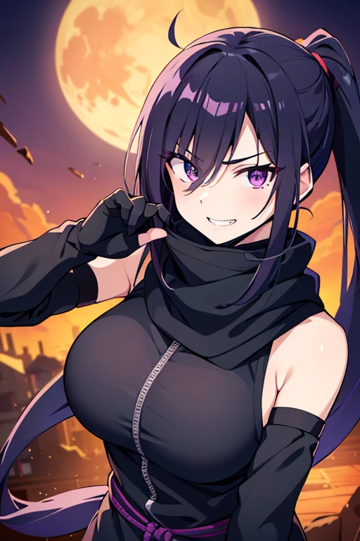 (masterpiece), best quality, (expressive eyes), perfect face, a ninja girl, ninja action pose, dynamic black long hair, (hair over one eye), bangs, pony tail, wide open eyes, purple eyes, smug smile, teeth, black ninja mask, purple scarf, dark purple sleeveless suit, black tight sleeves, shot from below, ((looking down at viewer)), ((close up shot)), red sky night indoor scenery, yellow moon