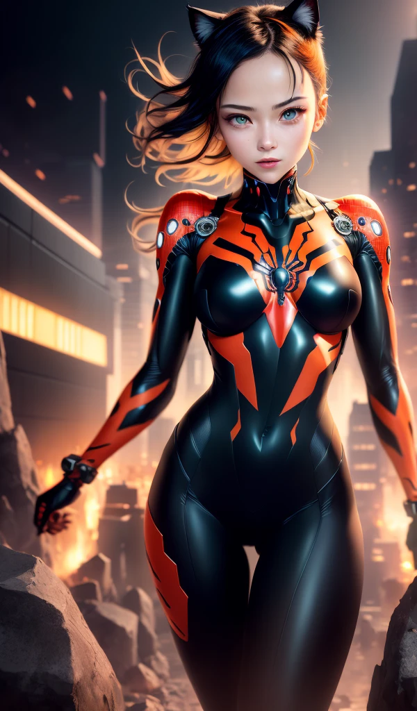 Beautiful full body photo of Reika as a Nekomata kitten, orange body suit, straight black hair, cat ears, science fiction, background with robot, gantz, In the style of evangelion, ultra realistic photo face of a beautiful woman, masterpiece, best quality, CG, wallpaper, HDR, high quality, high definition, extremely detailed, {beautiful detailed face},  {beautiful detailed eyes}, (detailed light) {{intricate detail}}, {highres}, ((detailed face)), extremely detailed face, beautiful face, {{ young}}, jewel-like eyes, neon light, chiaroscuro, anime style, key look, intricate detail, highly detailed, breathtaking, vibrant, Evangelion style