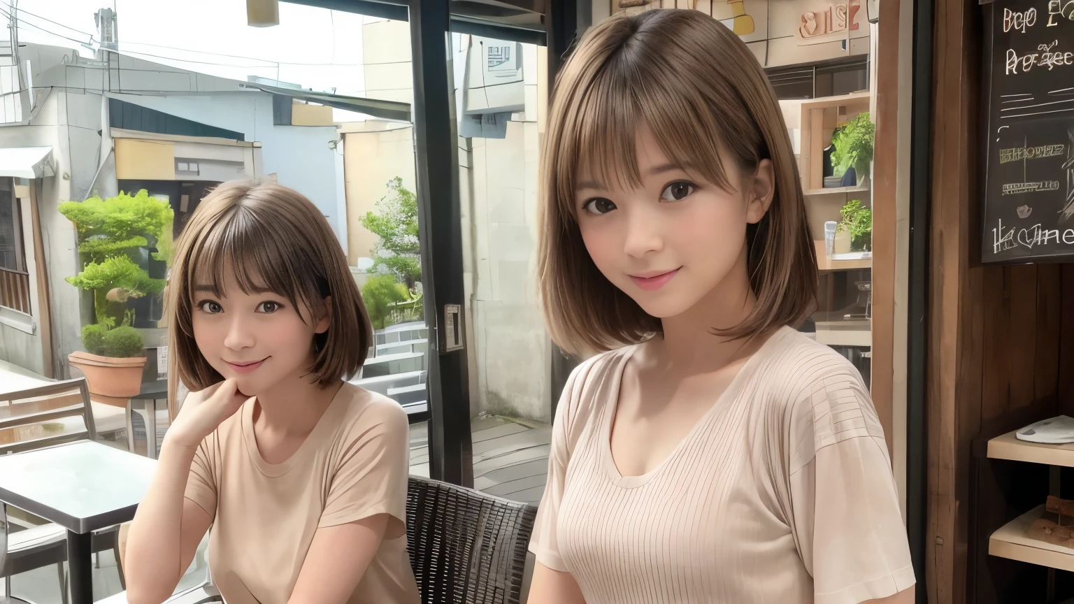 super high quality, Short Hair, Slender, Gravure photoshoot, The staff is working at the counter in the back., (8k、RAW Photos、highest quality、masterpiece:1.2), Japanese Idol, Stylish café, The cafe is crowded with people enjoying themselves., (Realistic、Photorealistic:1.37), Bob Hair, Mesh Hair, Urban Cafe, Golden Ratio, Raw photo, Cute face , Light Brown Hair, Small breasts, Bright cafe interior, Spring Clothes, Cafe Terrace, Open Cafe, A kind smile, Hair blowing in the wind, Neat clothes, boyish, T-Shirts, 18-year-old, younger sister, Stylish clothes, 
