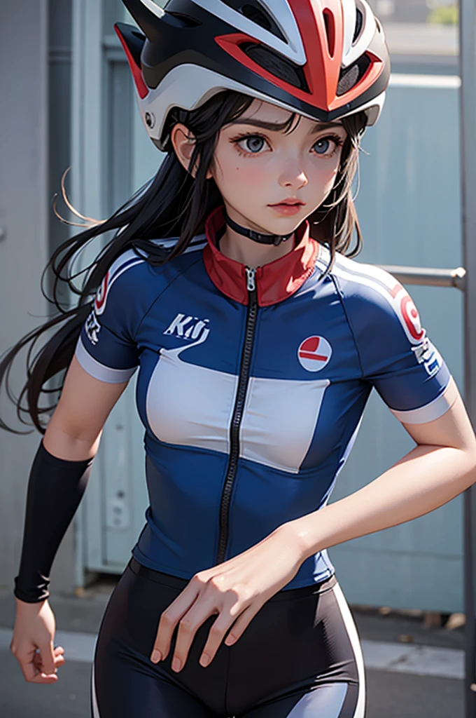 1woman, road cycling speed, long hair, clown face, cycling suit and short, jersey, helmet,