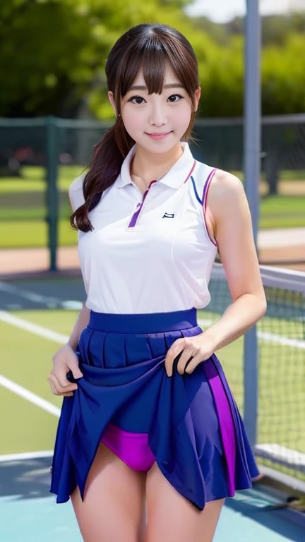 (whole body:1.3),squat,Panty Shot),With white panty skirt on,,1 girl, alone, Japanese Girls, Junior high school girl、, (highest quality, Realistic, High resolution, 8k, Very detailed, Detailed face, Shiny skin), Black Hair, Tennis player uniforms,Miniskirt Uniform,shabby bangs, ponytail,smile,Flat boobs,whole bodyショット,The face is looking at the viewer,Perfect hands,Perfect Legs,White panties,Panty Shot,Tennis court,A dynamic pose