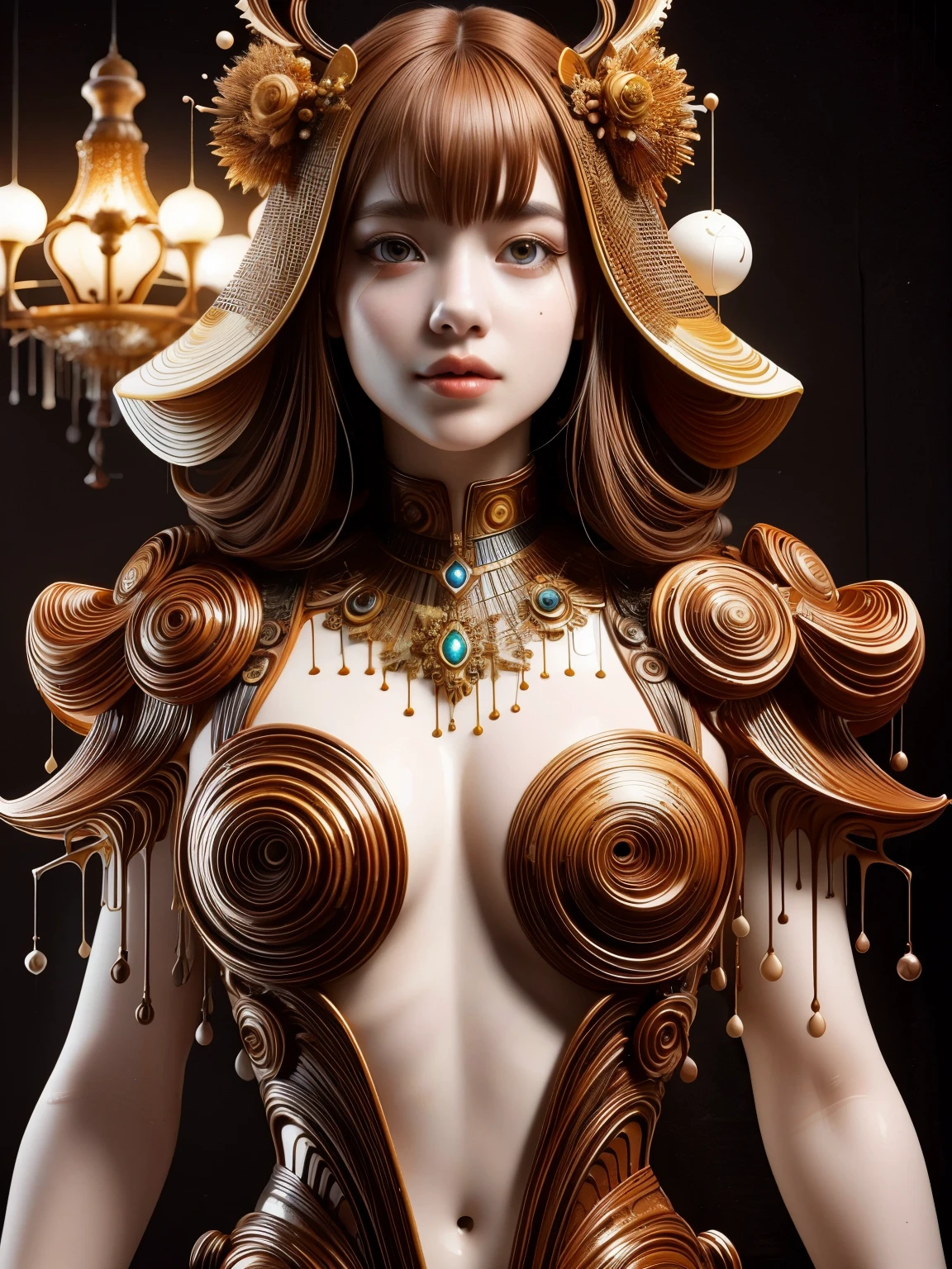 (high quality), (masterpiece), (detailed), 8K, Hyper-realistic illustration depicts (Japanese girl1.3) with striking features, adorned in (melted chocolate attire1.4) that drapes elegantly across her (upper body1.2), evoking a sense of sweet indulgence. In style of Hajime Sorayama, trending on Artstation.