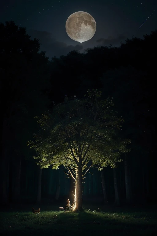 Imagina un bosque encantado bajo la luz de la luna. The image is centered on an ancient, majestic tree with twisted branches stretching towards the starry sky. Around the tree, small floating lights, like fireflies, iluminan suavemente el entorno, creating a magical effect. Between the roots of the tree, se pueden ver hongos bioluminiscentes de colores vibrantes. En el fondo, silhouettes of other trees are lost in the mist, adding depth and mystery. Colores predominantes: Tonos azules y morados oscuros para el cielo y la neblina, con destellos de verde y amarillo por las luces flotantes y los hongos. Elementos destacados: An owl with bright feathers perched on one of the branches, mirando hacia abajo. Little magical creatures (como hadas o duendecillos) hiding among the leaves. artistic style: A semi-realistic style with a touch of fantasy, using soft brush strokes and light effects to create a dreamlike atmosphere. IMAGE SIZE 7632 x 6480 pixels