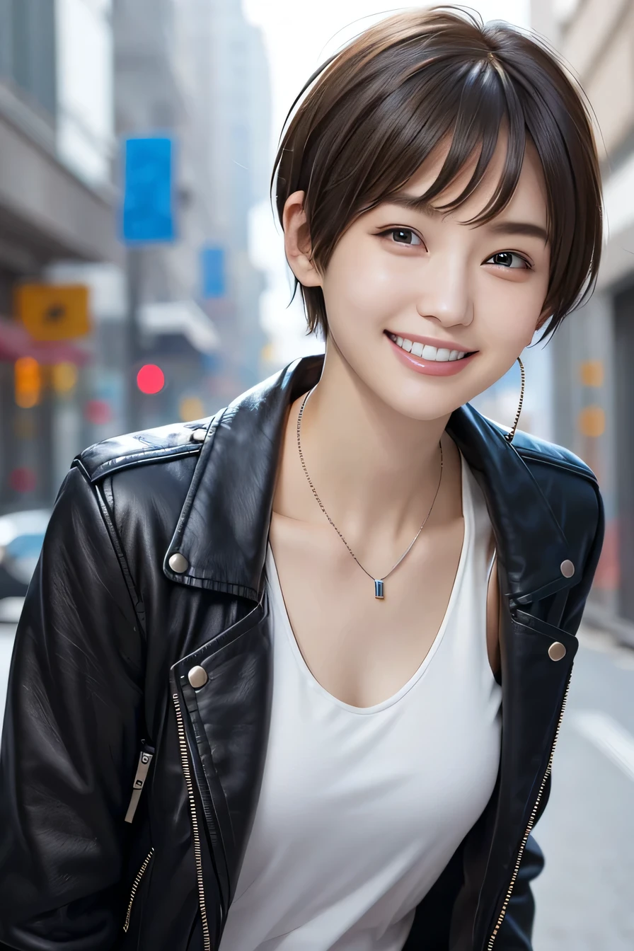 205 ((short hair)), 20-year-old female, In underwear、leather jacket、Shoulder Fashion、smile、Beautiful teeth alignment、Black Hair、ear piercing、Necklace around the neck、Looking into the camera, The background is the city