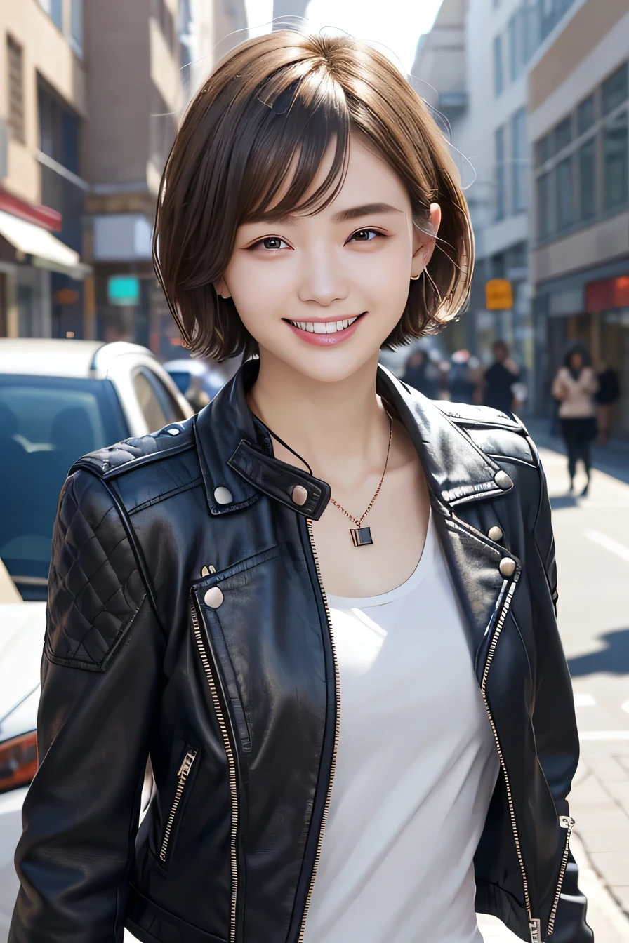 205 ((short hair)), 20-year-old female, In underwear、leather jacket、Shoulder Fashion、smile、Beautiful teeth alignment、Black Hair、ear piercing、Necklace around the neck、Looking into the camera, The background is the city
