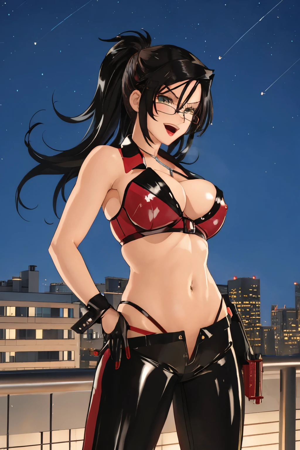 elexissinclaire,
blush, lipstick, outdoors, rooftop, cityscape, building, railing, night, night sky, scenery, city lights, fur trim, mature female, gloves, fur-trimmed coat, masterpiece, best quality, highly detailed, a girls with a gun, evil smile , open mouth, sexy gaze, badass pose , evil smile, smile, (nsfw) not safe for work, guns blazing, anime girl with long hair, beautiful long haired girl, navel, evil expression, exposed belly, exposed navel, exposed midriff, exposed lower belly, long black pants, crop top, cleavage, unbuttoned leather pants ,open fly, low rise black leather pants, leather jacket, holding a gun,