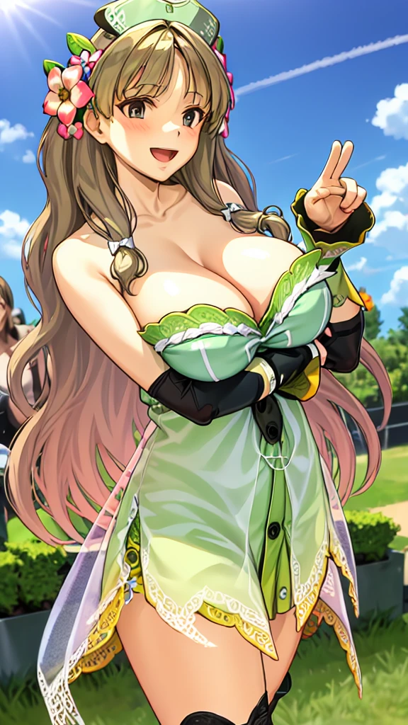 Show me your armpits), (1 girl), (smile), (Huge breasts:1.2), (Chest close-up), (Long Hair), (Outstretched arms), (Looking at the audience), (from before), (Hair Flowers), (garden), (Pasture), blush, bangs, blue eyes, large breasts, brown hair, hair ornament, thighhighs, cleavage, bare shoulders, collarbone, swimsuit, :d, thighs, cowboy shot, outdoors, sky, day, blunt bangs, white thighhighs, leotard, see-through, one-piece swimsuit, strapless, covered navel, highleg, beach, veil, white one-piece swimsuit, highleg swimsuit, bridal veil