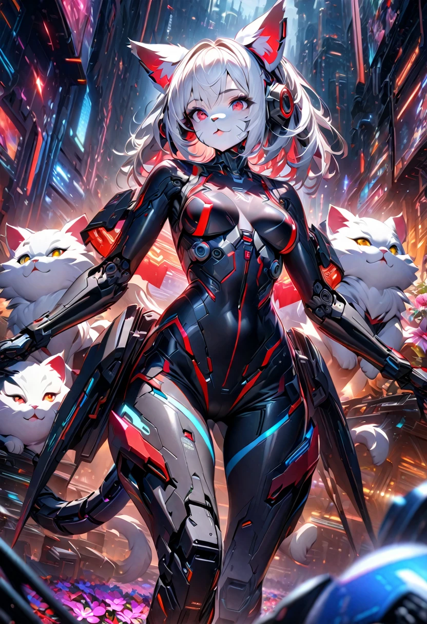 a girl with cyborg style from head to toe, short white hair with furry ears, mechanical tail, all white with red eyes and lips, visible mechanisms, cyber space flower field background, playing with white cat, best quality, 4k, 8k, highres, masterpiece:1.2, ultra-detailed, HDR, UHD, studio lighting, ultra-fine painting, sharp focus, physically-based rendering, extreme detail description, professional, vivid colors, bokeh, science fiction, cyberpunk, futuristic