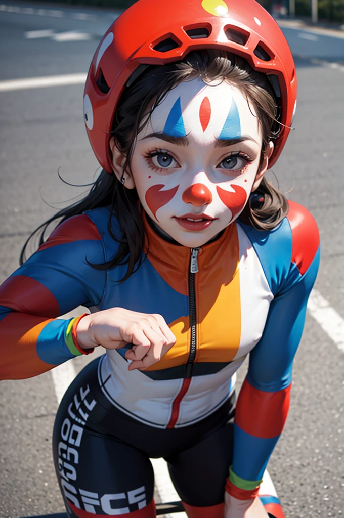 1woman, road cycling speed, long hair, clown face, cycling suit and short, jersey, helmet, clown face paint,