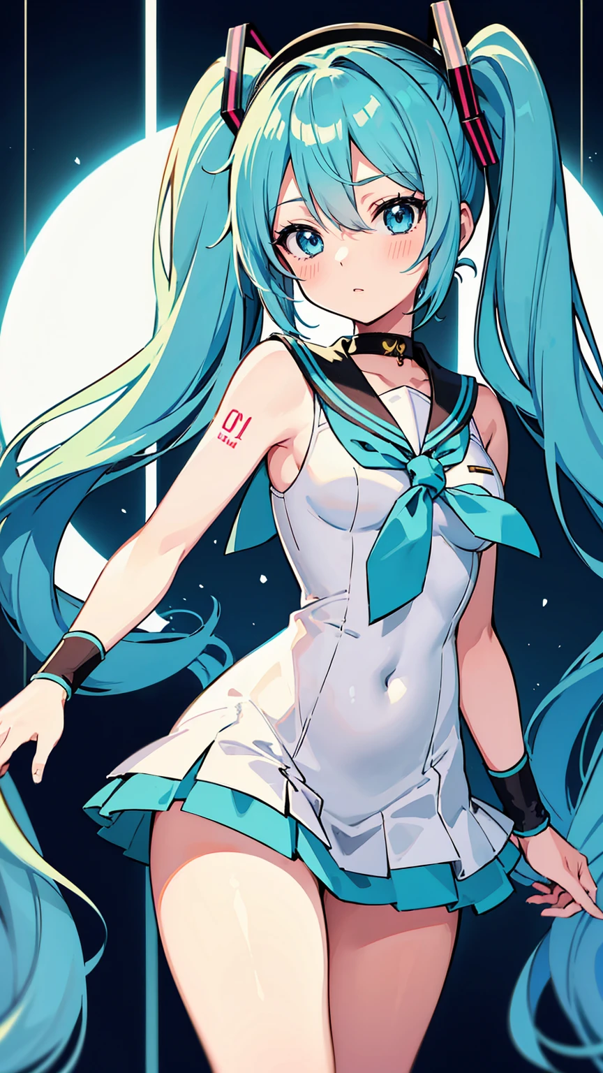 Anime Style, Vibrant, Studio Anime, Very detailed, One girl, Hatsune Miku VOCALOID, (Sailor Warrior Uniform), Light blue hair, Light blue eyes, Twin tails, Big Hair, humid, Mature Woman, Sensual 