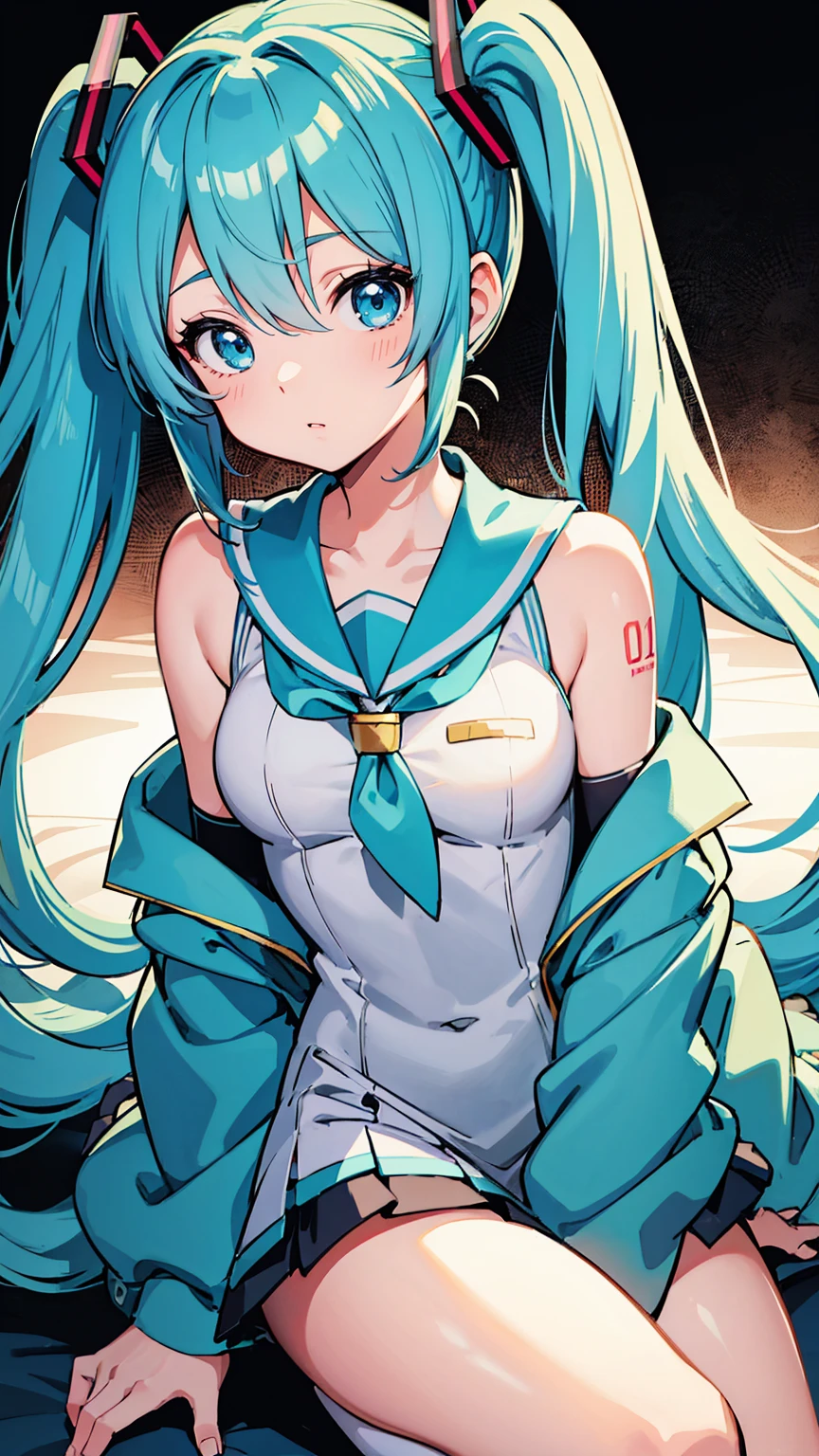 Anime Style, Vibrant, Studio Anime, Very detailed, One girl, Hatsune Miku VOCALOID, (Sailor Warrior Uniform), Light blue hair, Light blue eyes, Twin tails, Big Hair, humid, Mature Woman, Sensual 