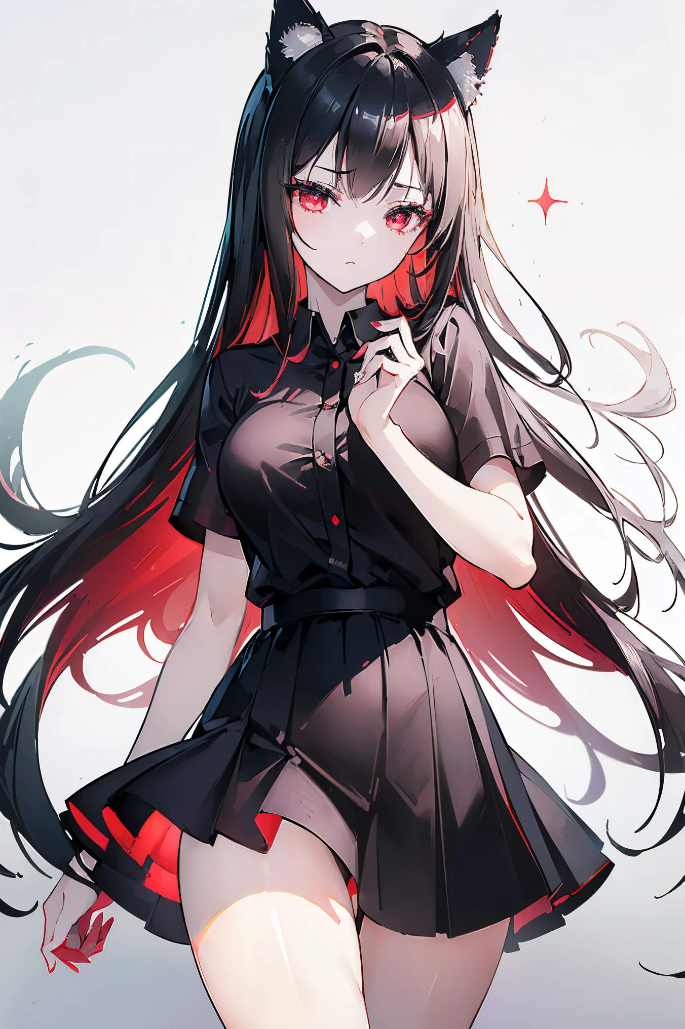 (Cat girl), (smoking), cat ears, black hair, business casual attire, cool, red dress shirt, pretty red eyes, cat tail, ((Crimson Red Eyes eyes: 1.3, Upturned Eyes: 1, Perfect Eyes, Beautiful Detailed Eyes, Gradient eyes: 1, Finely Detailed Beautiful Eyes: 1, Symmetrical Eyes: 1, Big Highlight On Eyes: 1.2)), (((Lustrous Skin: 1.5, Bright Skin: 1.5, Skin Fair, Shiny Skin, Very Shiny Skin, Shiny Body, Plastic Glitter Skin, Exaggerated Shiny Skin, Illuminated Skin))), (Detailed Body, (Detailed Face)), (((Skirt))), High Resolution, Sharp Focus, Ultra Detailed, Extremely Detailed, Extremely High Quality Artwork, (Realistic, Photorealistic: 1.37), 8k_Wallpaper, (Extremely Detailed CG 8k), (Very Fine 8K CG), ((Hyper Super Ultra Detailed Perfect Piece)), (((Flawless masterpiece))), Illustration, Vibrant Colors, (Intricate), High Contrast, Selective Lighting, Double Exposure, HDR (High Dynamic Range), Post-processing, Background Blur