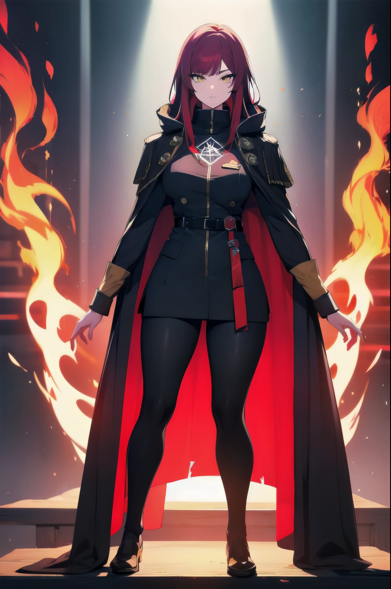 (masterpiece:1.37), woman, mature, extremely detailed eyes and face, long straight hair, (red hair:1.5), yellow eyes, military uniform, cloak, torn cloak, ripped cloak, flame-print cloak, futuristic, science fiction, hologram armband, unicursal hexagram-shaped pupils, standing, large breasts, futuristic, science fiction, hologram armband, best quality, 8k, highres, ultra-detailed, studio lighting, ultra-fine painting, sharp focus, physically-based rendering, extreme detail description, professional, vivid colors, bokeh, extreme attention to detail, tsurime, messy bangs, long bangs, bright red hair highlights, two-tone hair, full body