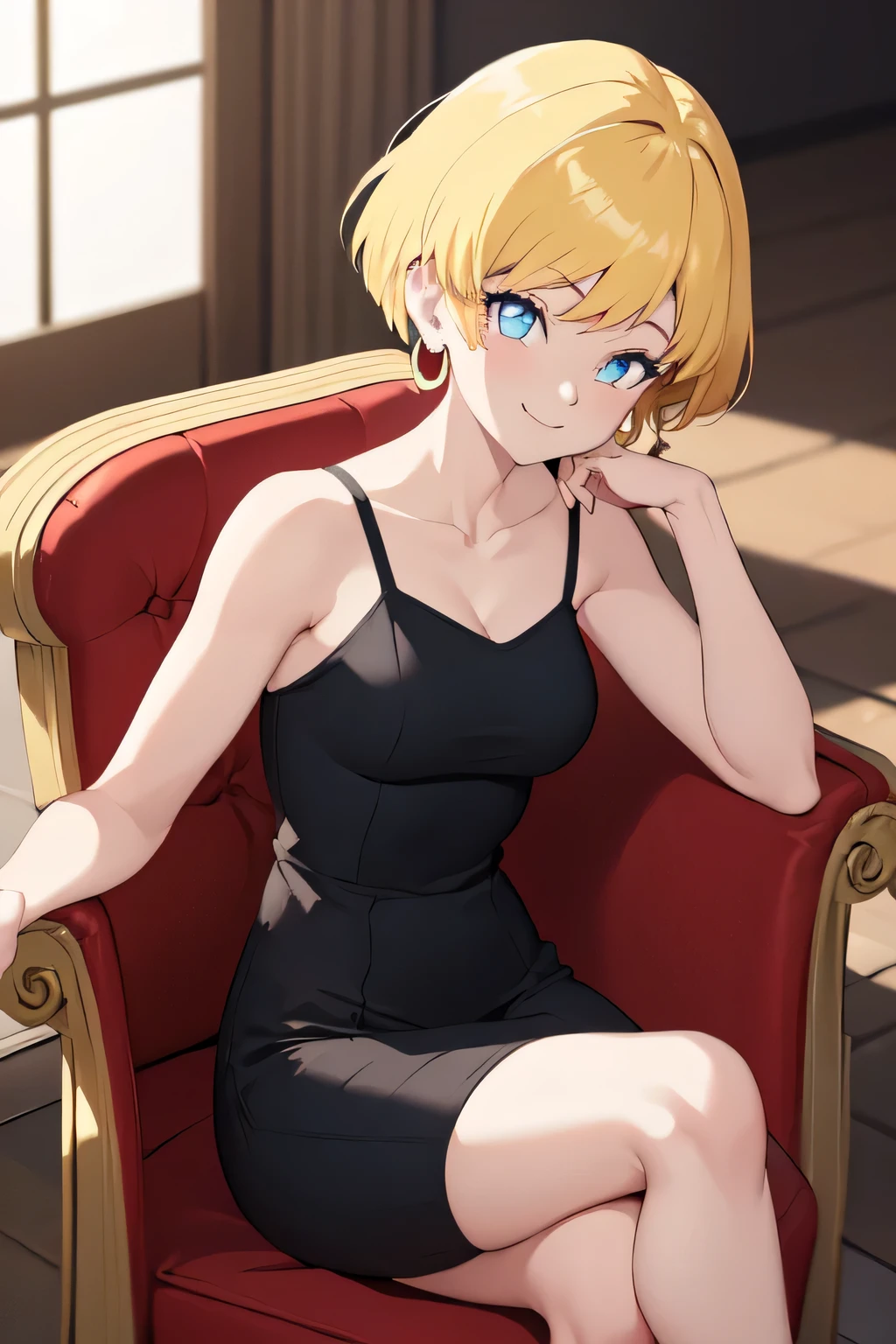 masterpiece, best quality, erasa, 1girl, solo, breasts, looking at viewer, smile, short hair, closed mouth, blue eyes, blonde hair, medium breasts, dress, bare_shoulders, jewelry, sitting, head rest, arm_support, thighs, earrings, indoors, strap skin tight black dress, sleeveless, collarbone, throne, (perfect eyes),